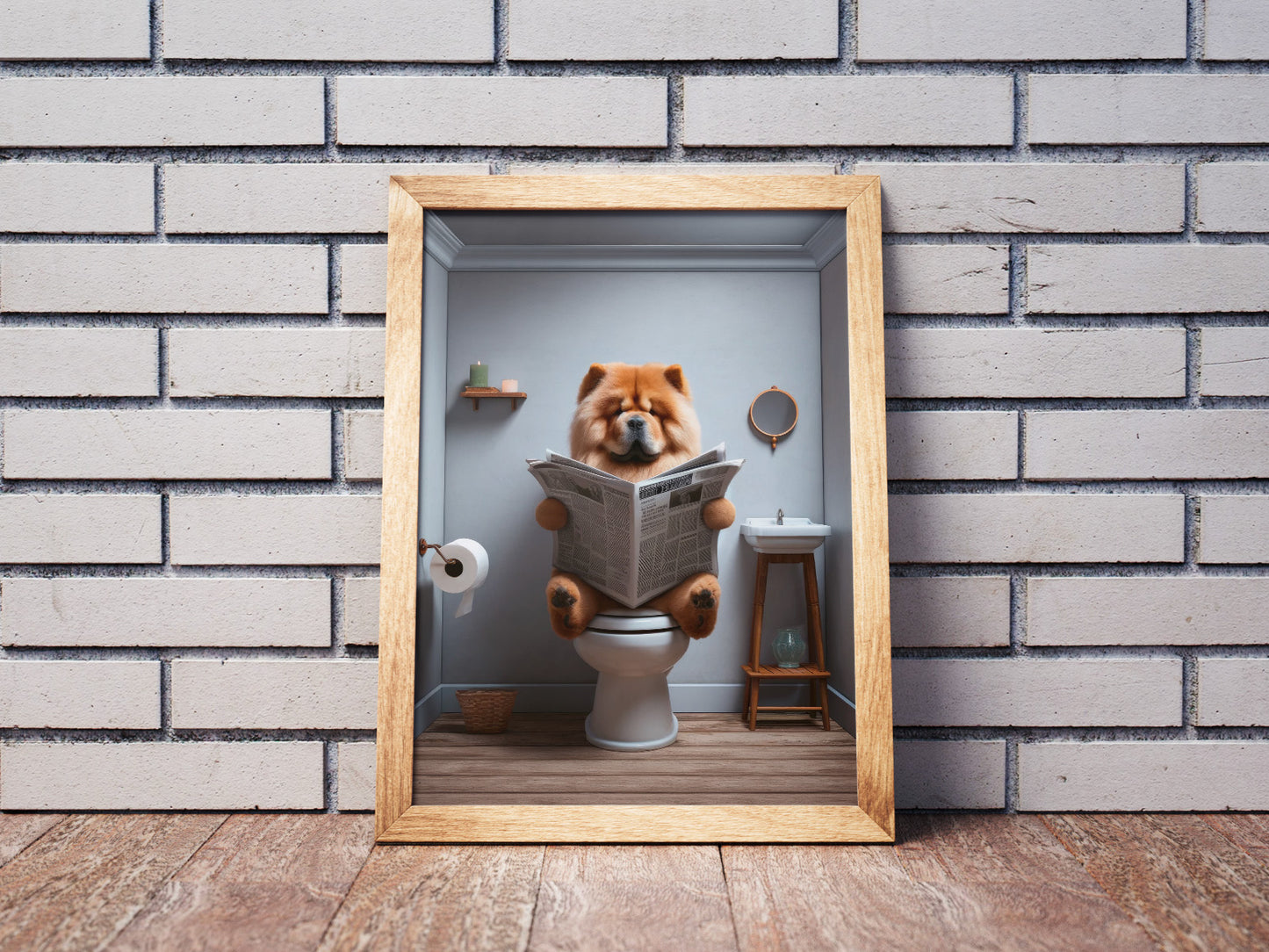 Poster Humoristique de Chow Chow lisant le journal, Déco WC Amusante, Cadre Salle de Bain, Cadeau Fun Chien