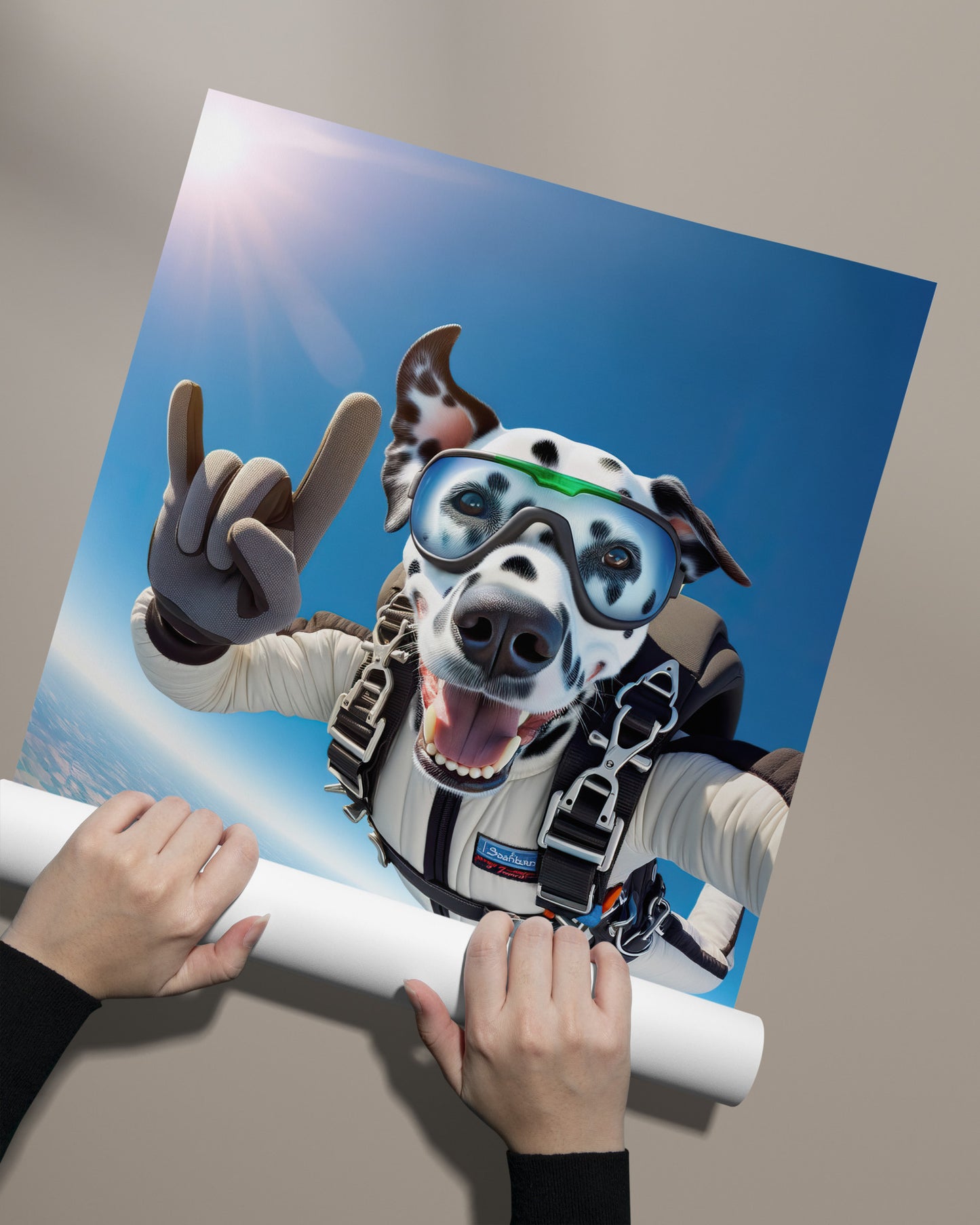 "Skydiving Dalmatian Poster - Unique Animal Art Print for Extreme Sport Lovers - Epic Wall Decoration Gift"