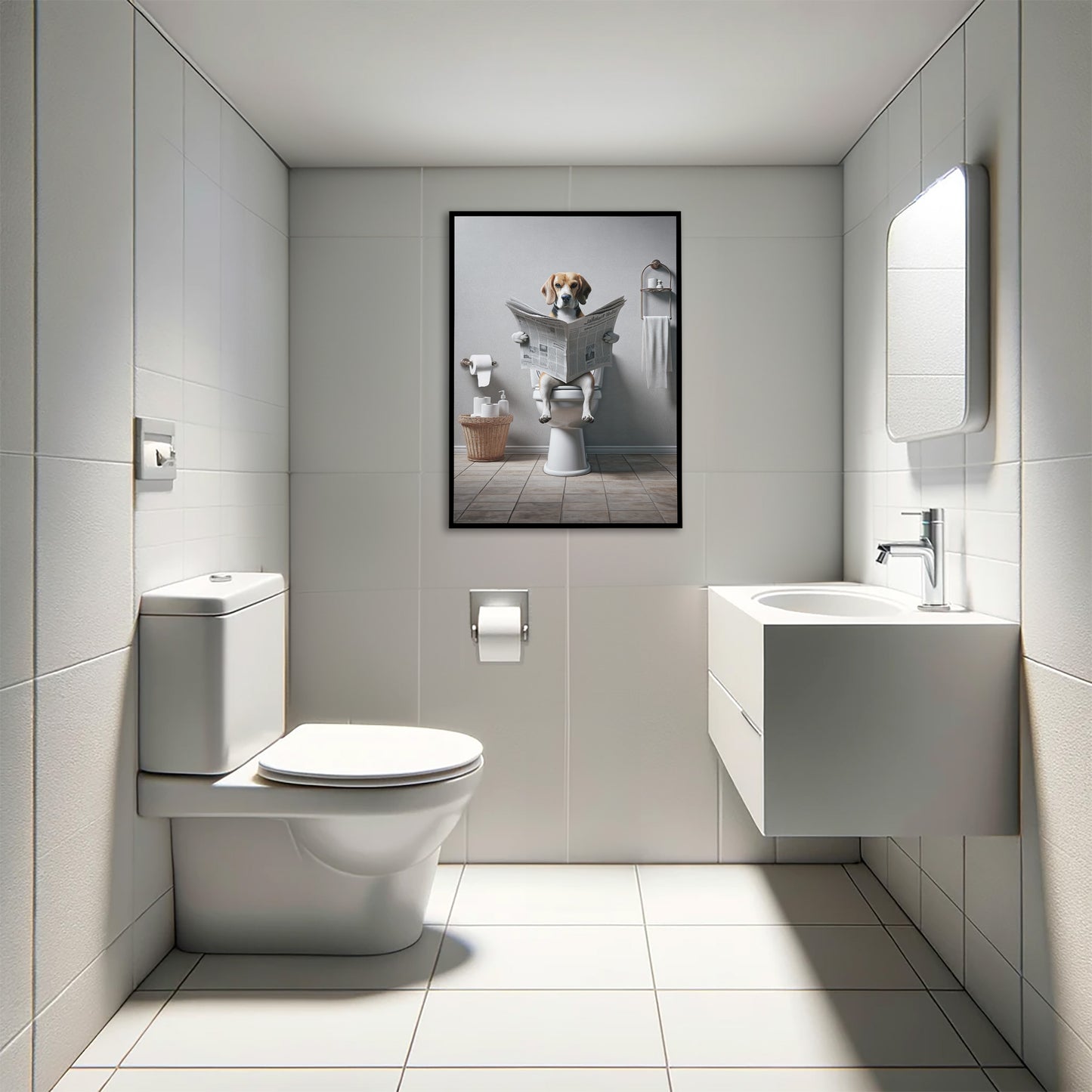 Poster Humoristique : Beagle Lisant le Journal aux Toilettes, Décoration Salle de Bain, Cadre et Cadeau Fun