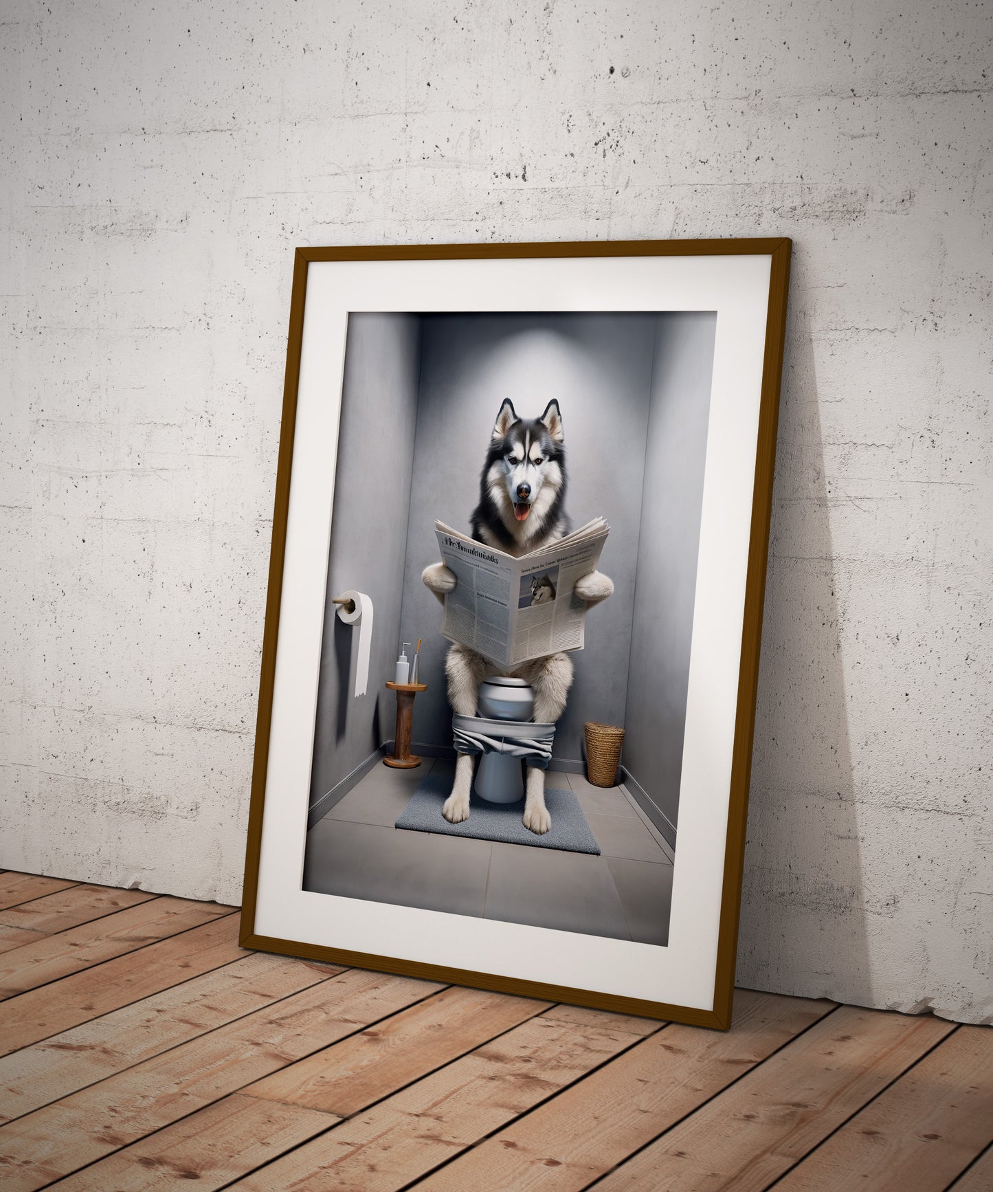 Poster Humoristique Husky lisant le Journal, Déco WC, Cadre Salle de Bain, Idée Cadeau Amusante