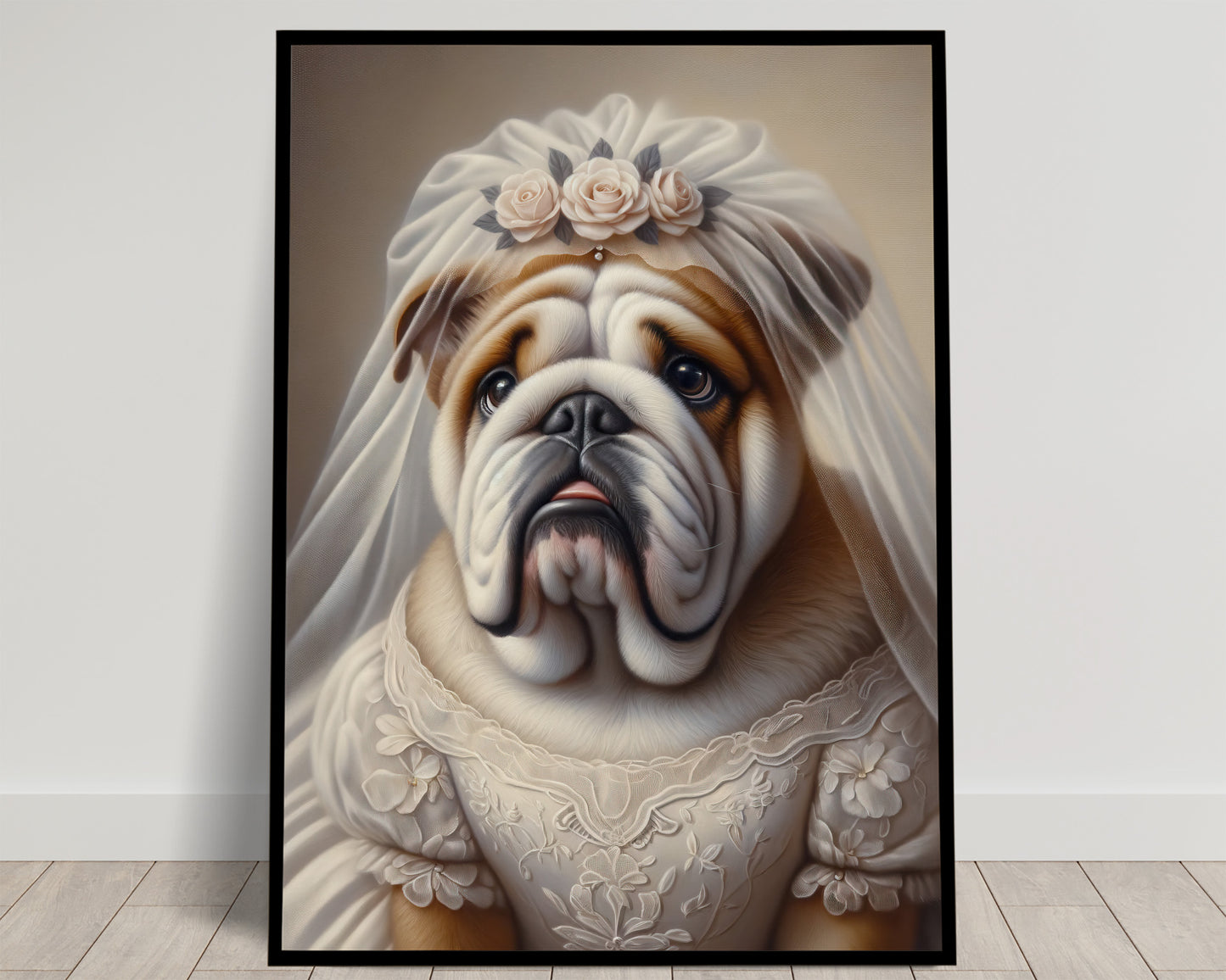 "English Bulldog Portrait in Wedding Dress - Funny Animal Wall Art Poster - Unique Dog-Themed Home Decor Gift"