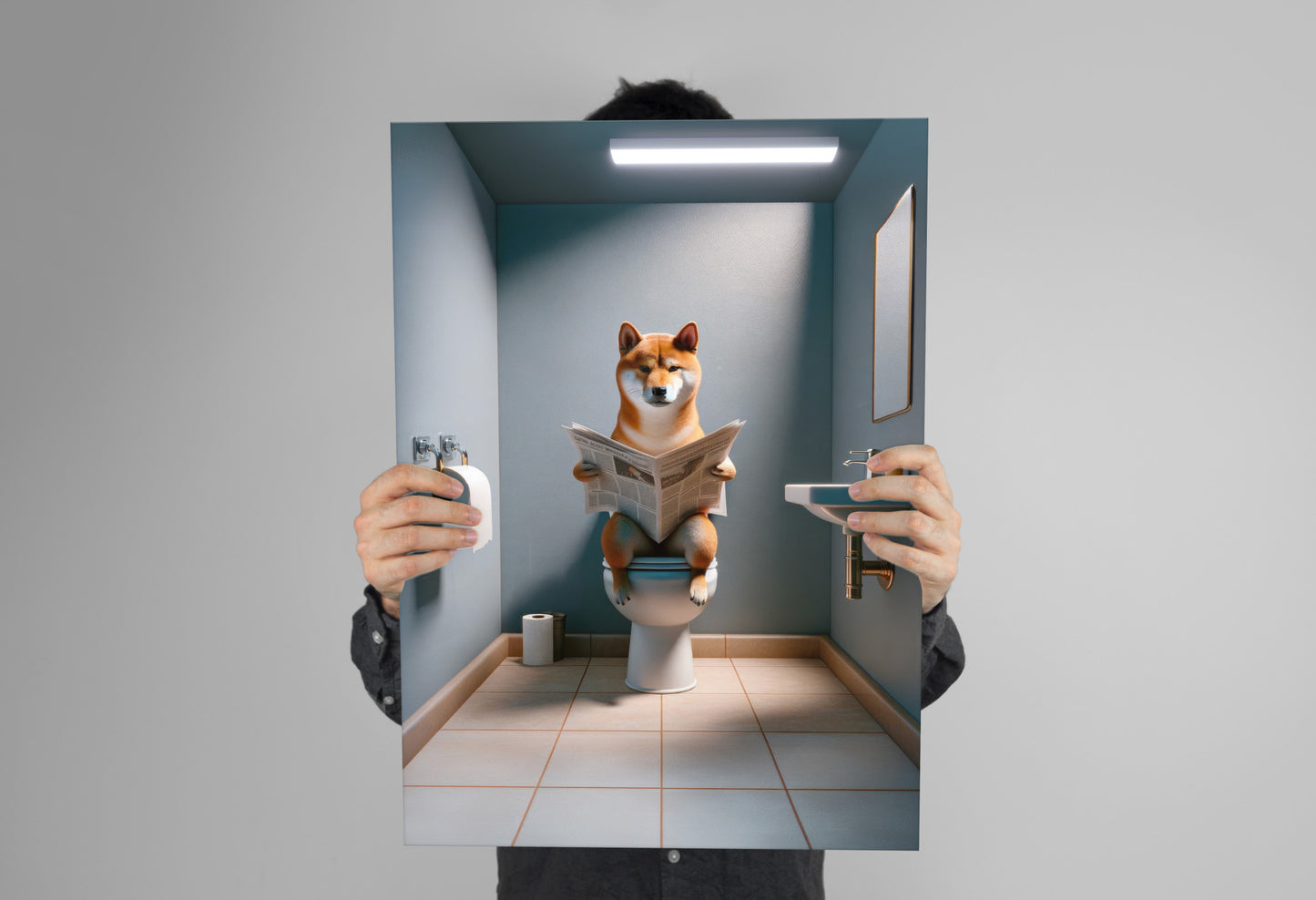 Funny Shiba Inu Dog Reading Newspaper Poster - Hilarious Bathroom Wall Art, Gag Gift for WC Decor