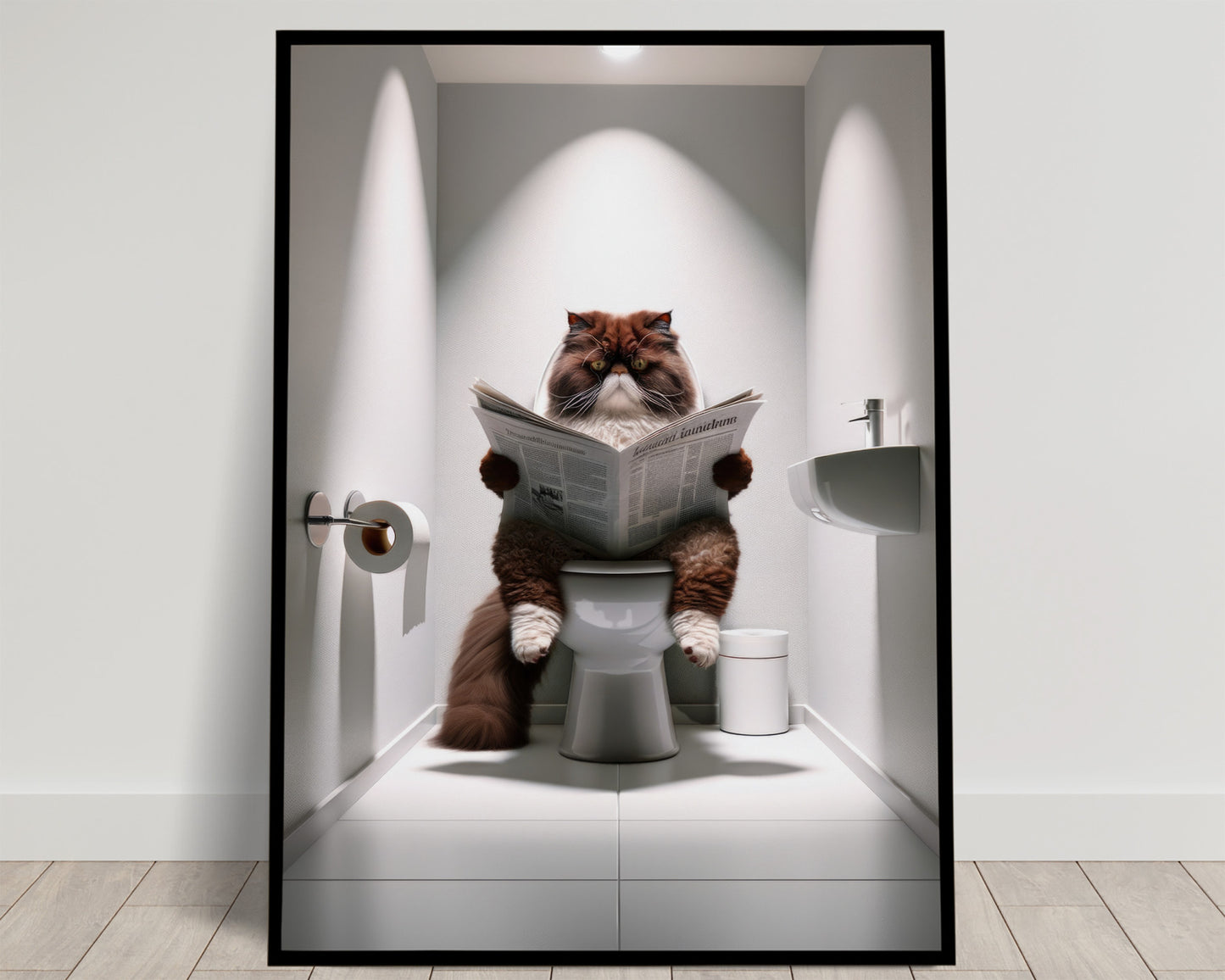 Persian Cat Poster - Chocolate & White Cat on Toilet | Bathroom Wall Art | Fun Gag Gift for WC Decor