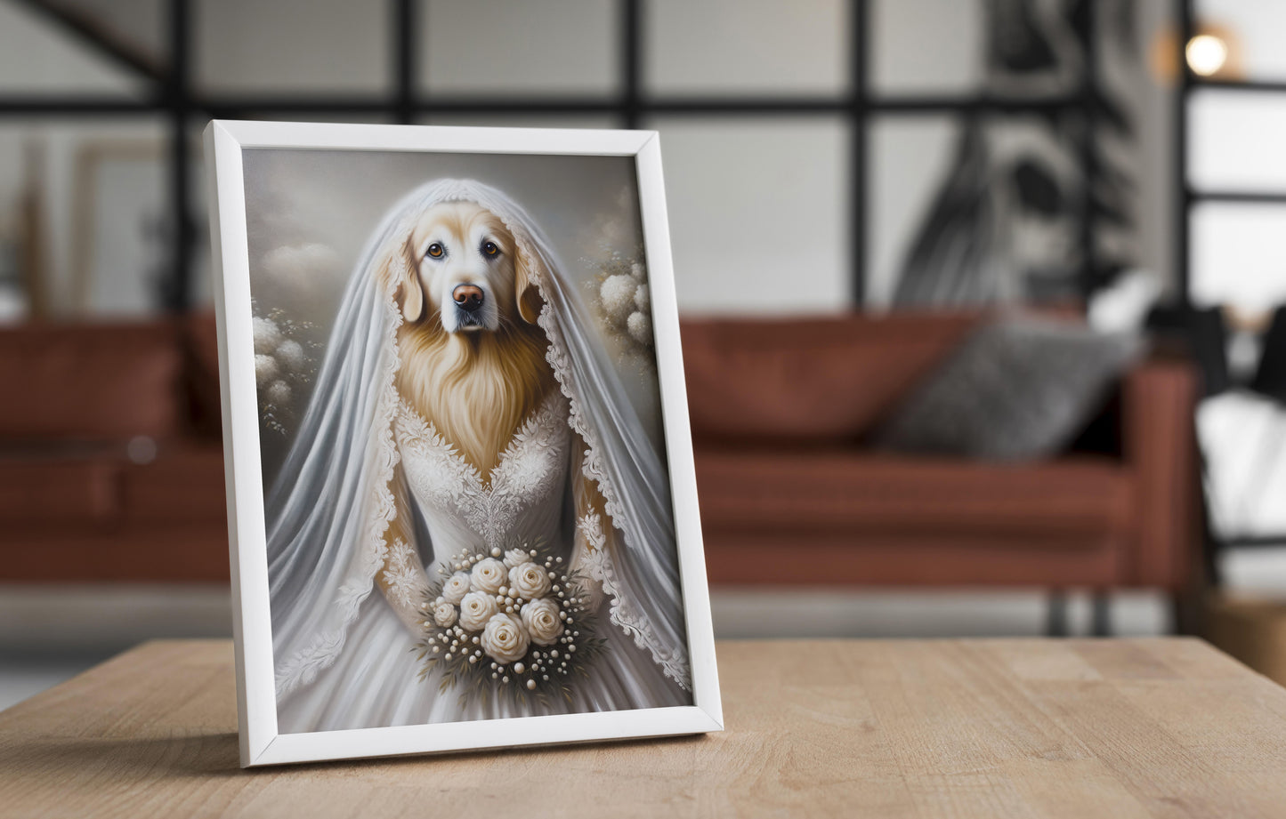 Poster Décoration Murale Chien Mariage - Golden Retriever en Robe de Mariée - Affiche Murale Animaux Humour