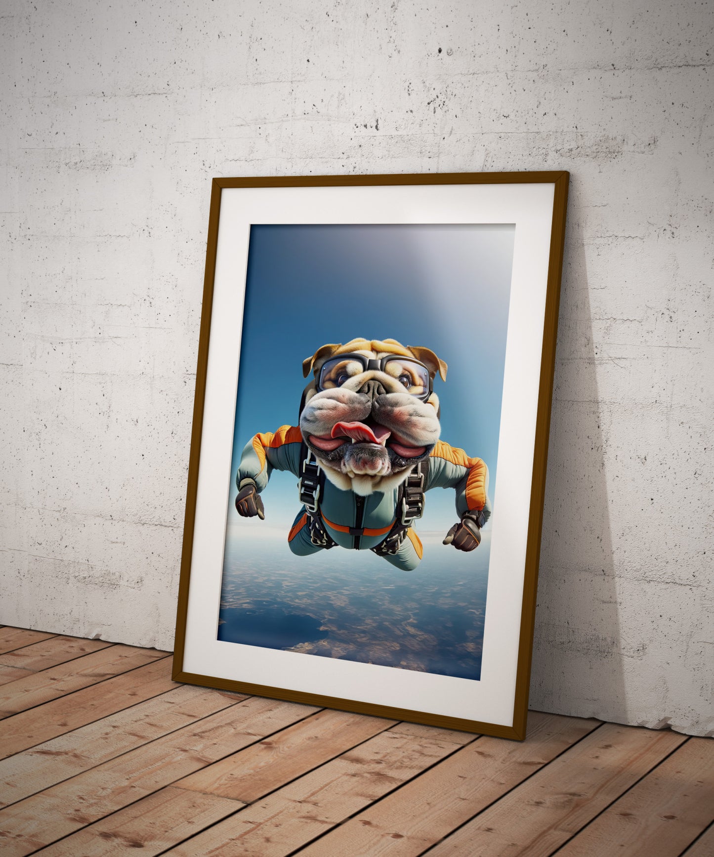 Affiche mural Bulldog Anglais en chute libre, Poster Saut en Parachute, Décor Animal Skydiving, Idée cadeau unique