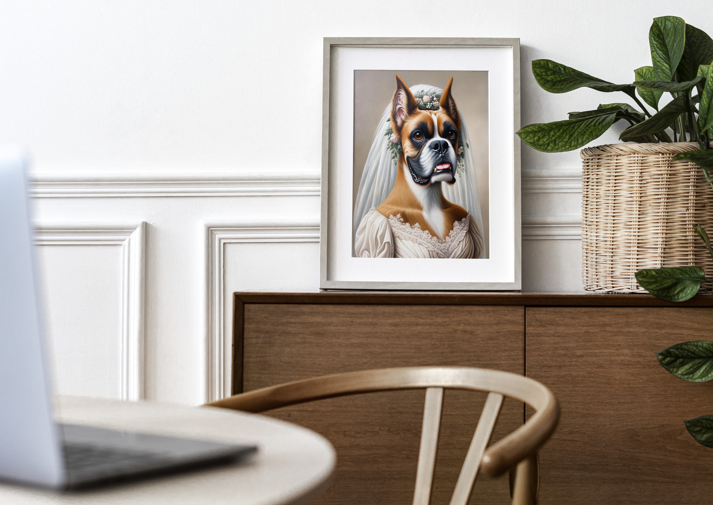 "Funny Boxer Dog in Wedding Dress Poster – Unique Animal Wall Art Decor – Bride Themed Gift"