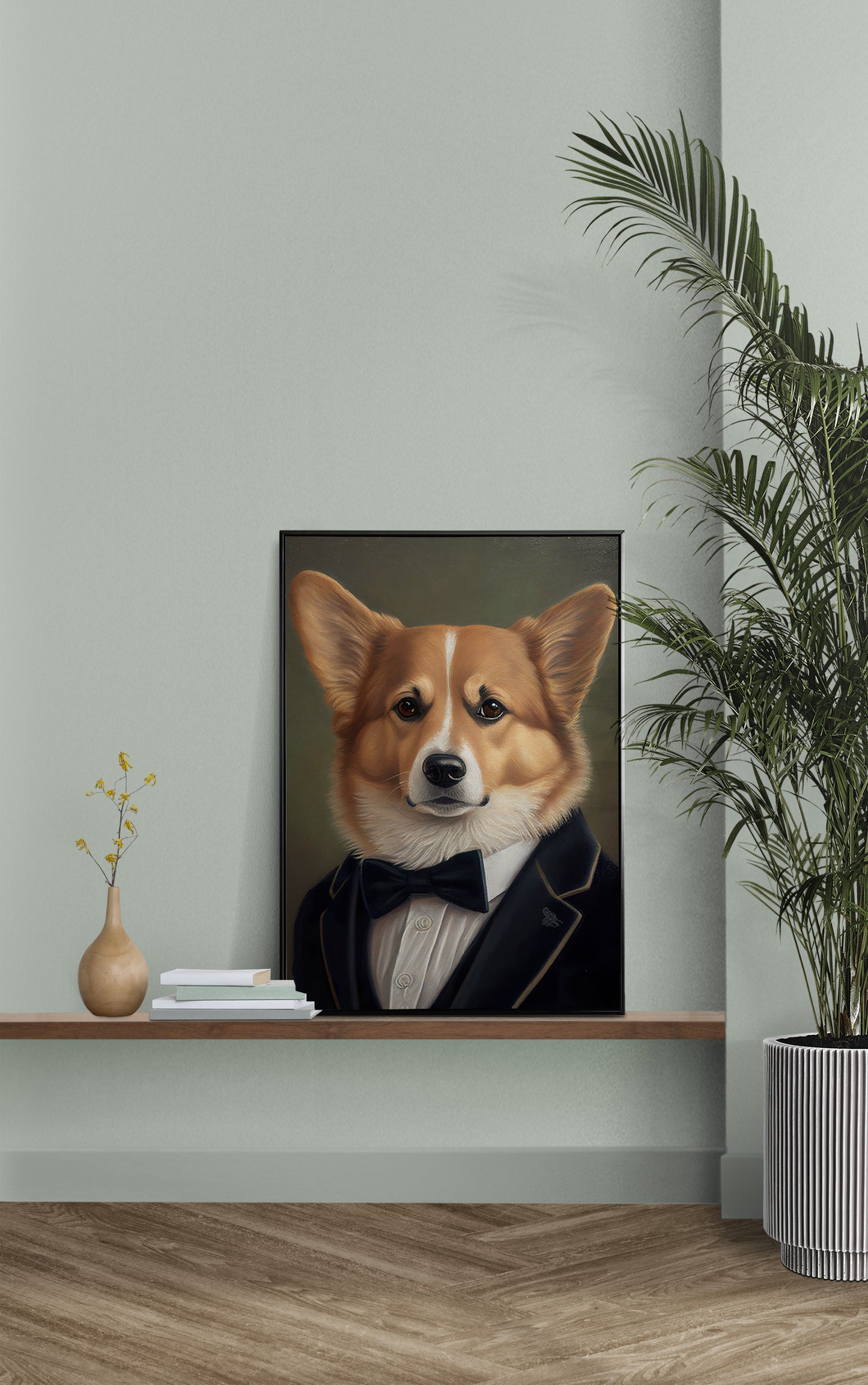 Poster chien corgi en smoking, décoration murale élégante, affiche chiot stylé, art mural animaux