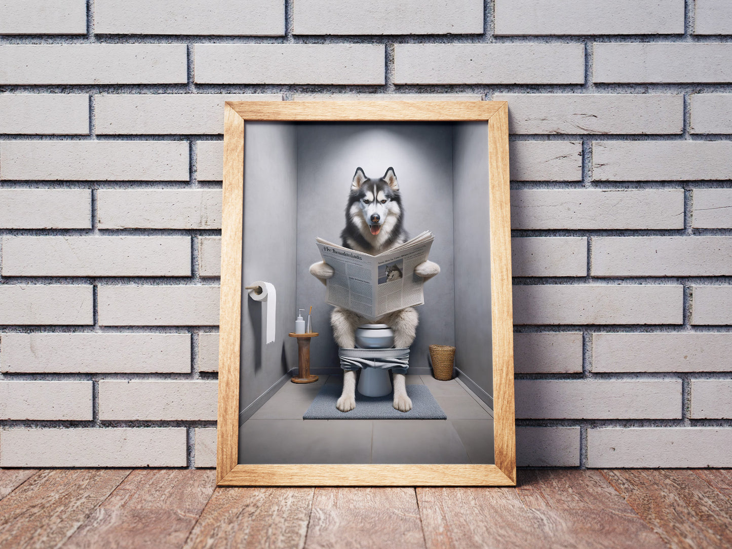 Poster Humoristique Husky lisant le Journal, Déco WC, Cadre Salle de Bain, Idée Cadeau Amusante