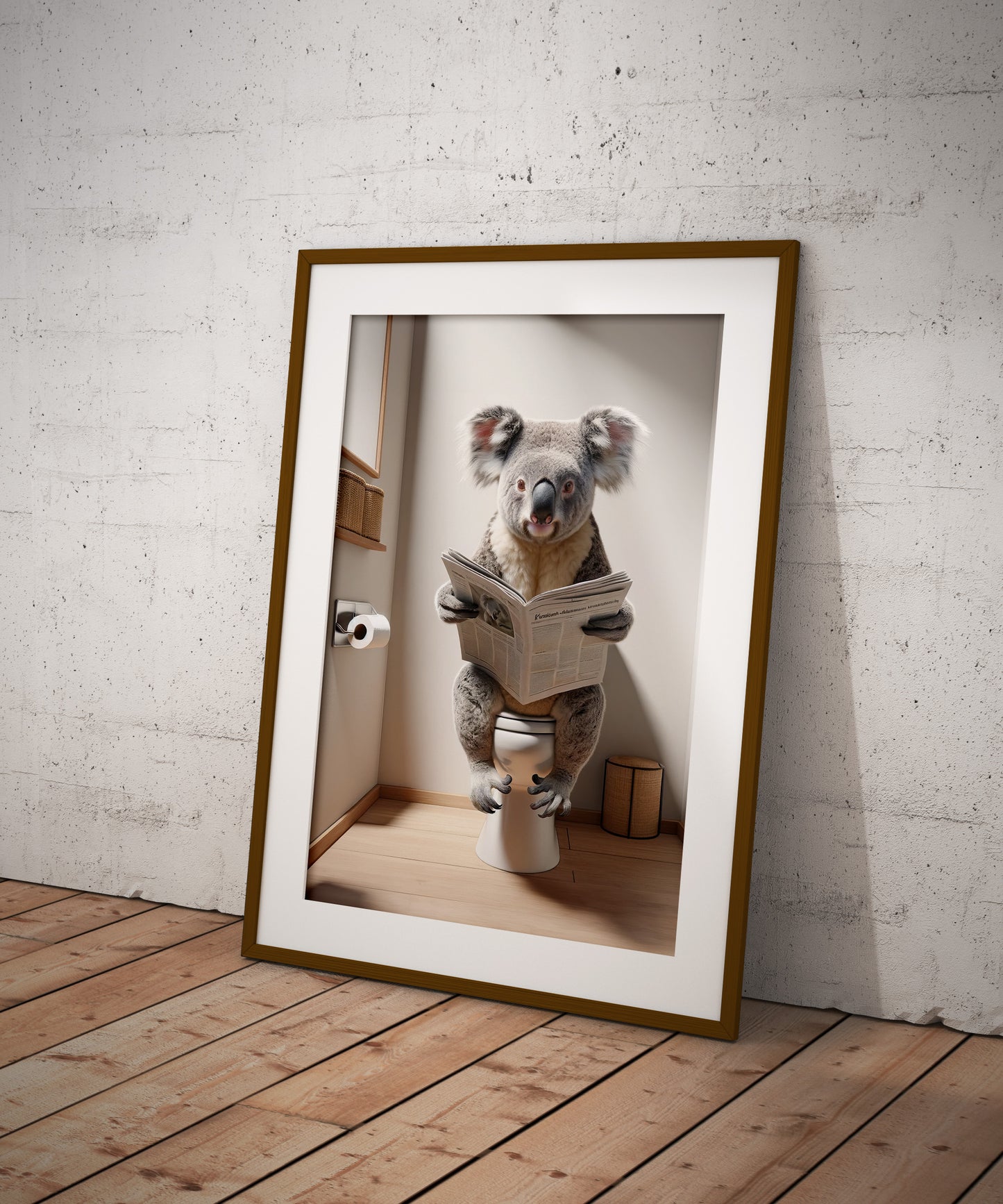 Funny Koala Reading Newspaper on Toilet Poster - Quirky Bathroom Wall Art Décor - Unique Gag Gift