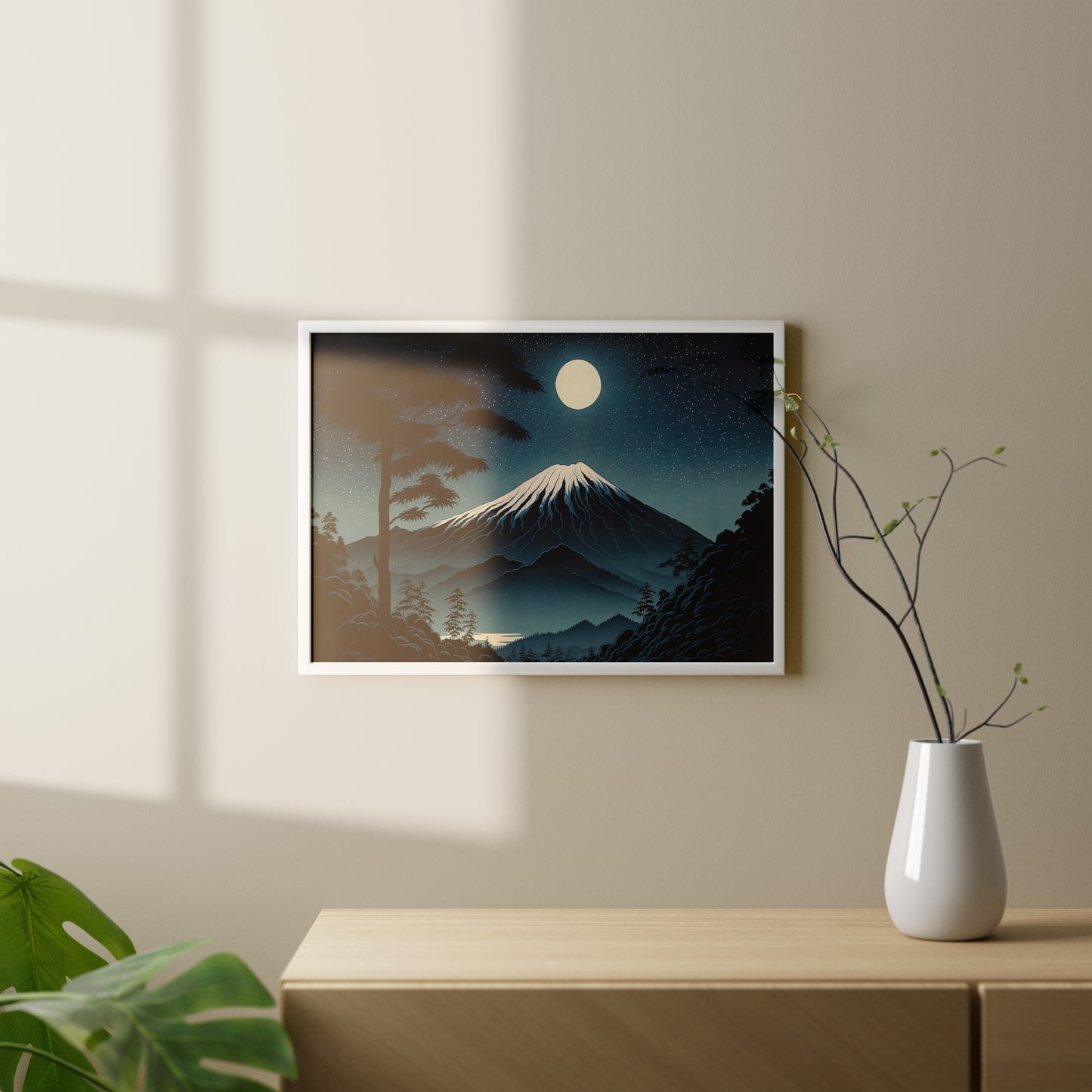 Poster Mont Fuji sous la Pleine Lune - Art Japonais, Décoration Murale Paysage Fujisan, Affiche à Encadrer