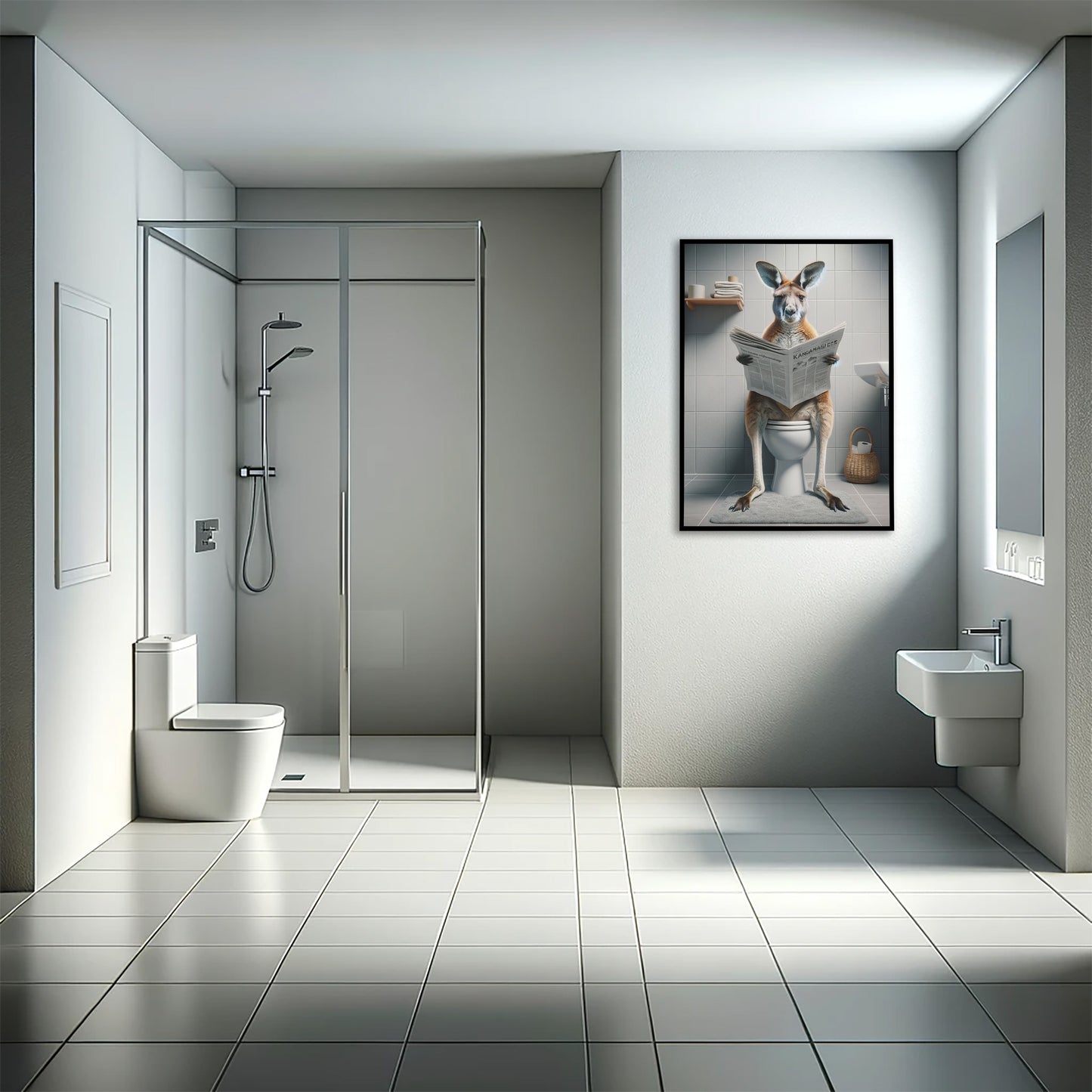 Funny Kangaroo Reading Newspaper Toilet Poster - Unique Bathroom Wall Art Decor - Hilarious WC Gift