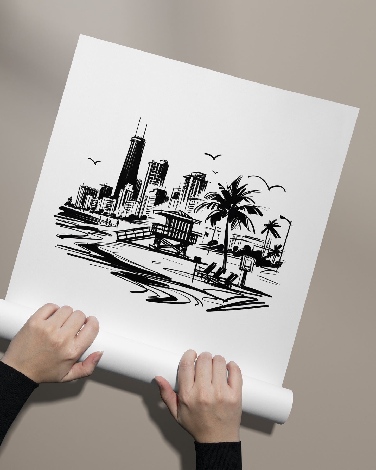 Miami Poster - Black and White Sketch of Landmarks | Living Room, Bedroom & Office Wall Art | Unique Travel Gift Decor