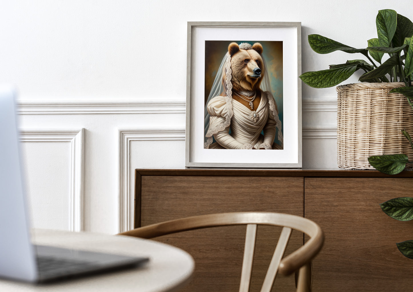 Brown Bear in Wedding Dress Poster – Funny Animal Wall Art, Unique Gift, Bride Decor, Cute Bear Artwork