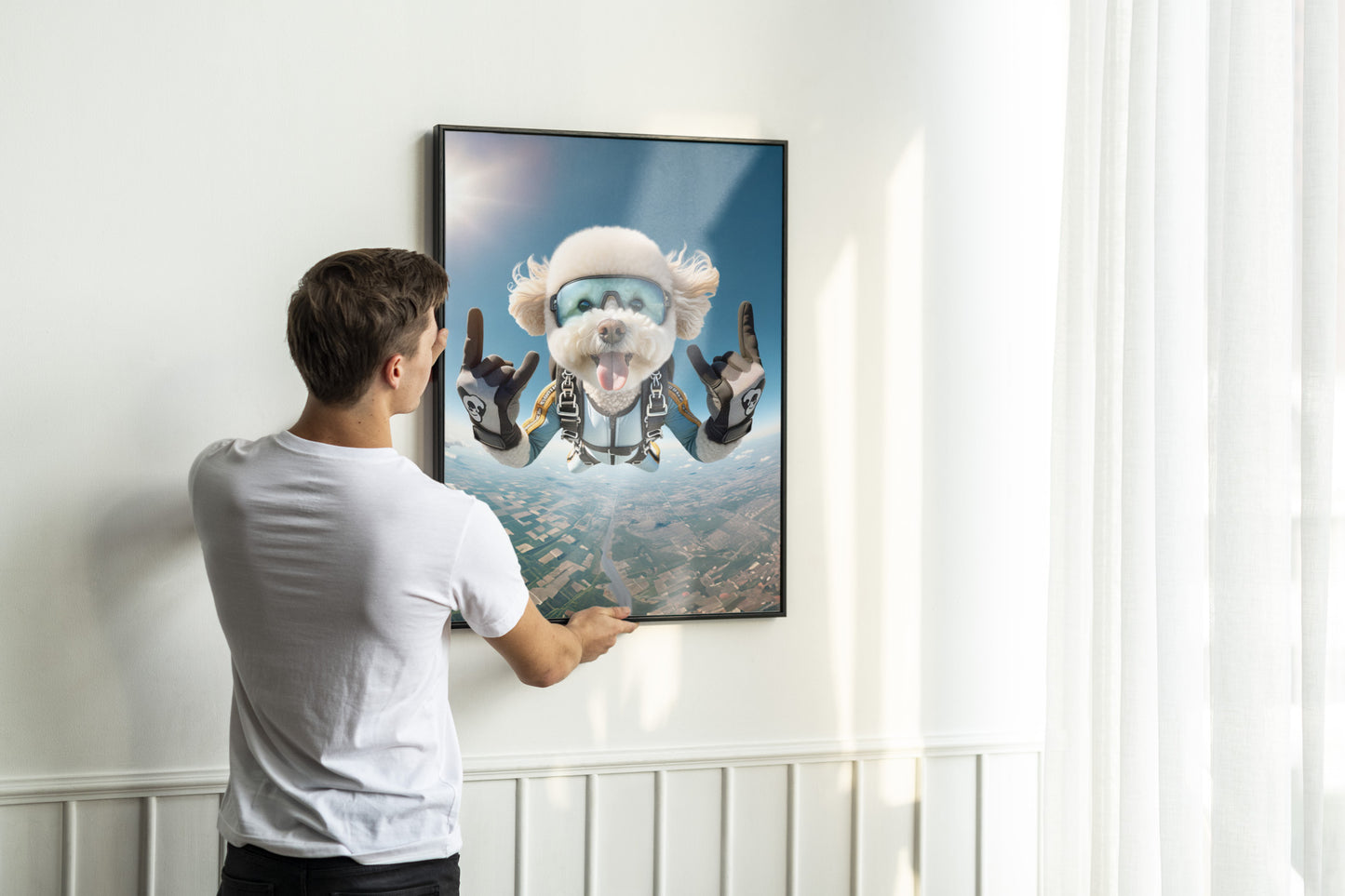 Affiche d'un Bichon Frisé en chute libre - Poster Chien Skydiving, Décor Sport Extrême, Idée Cadeau Originale