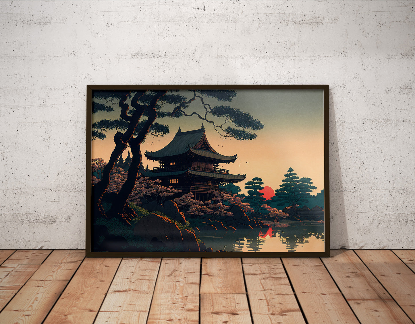 Japanese Temple Wall Poster, Art Style Illustration, Lake Landscape Decor, Frameable Wall Art