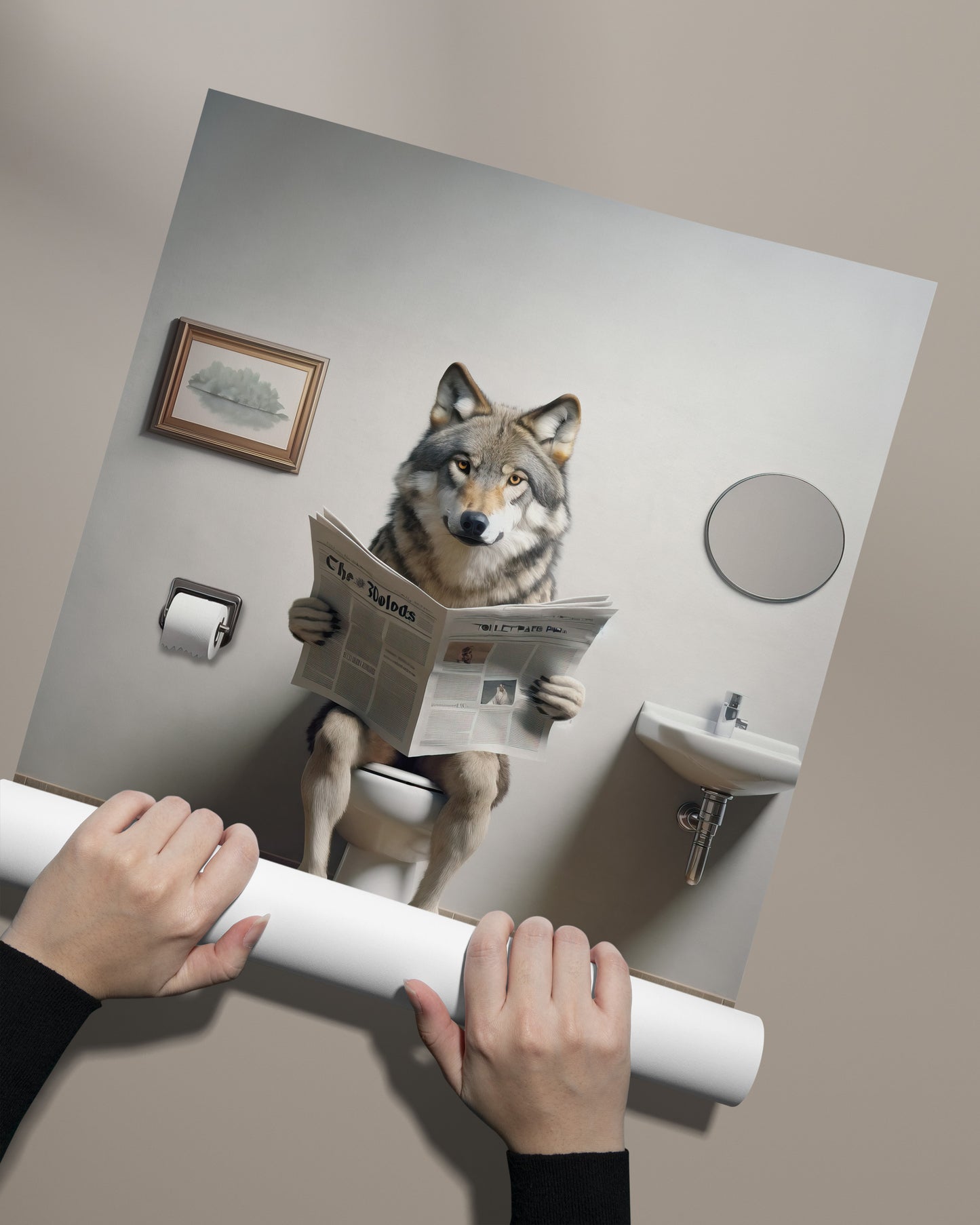 Wolf Reading Newspaper Toilet Poster - Funny Bathroom Decor | Unique Wall Art Gift for WC