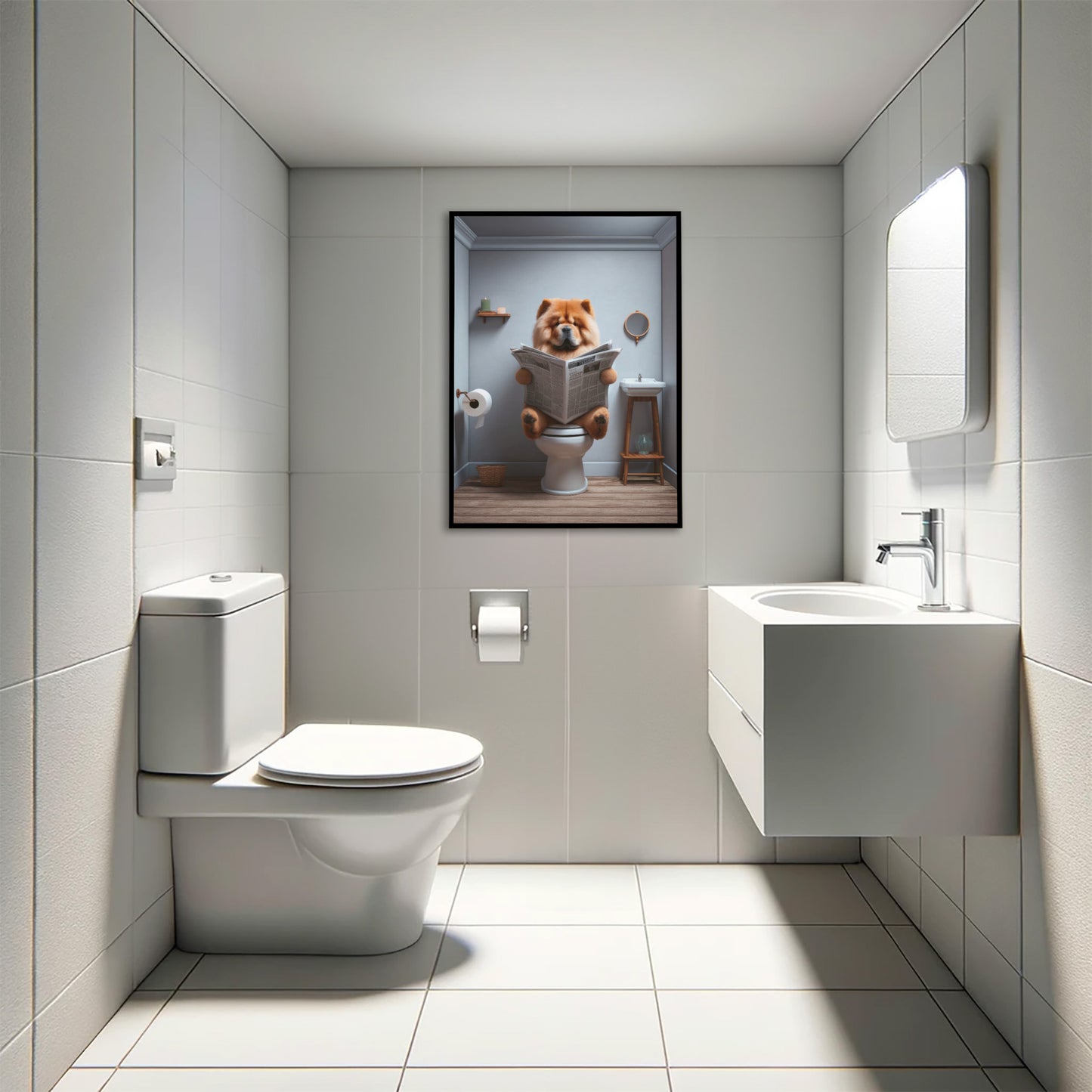 Poster Humoristique de Chow Chow lisant le journal, Déco WC Amusante, Cadre Salle de Bain, Cadeau Fun Chien