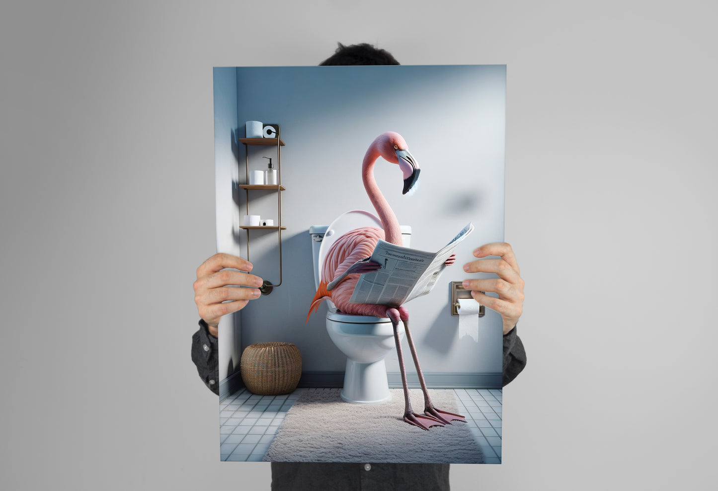 Poster Flamant Rose Original lisant le journal, Décoration Humour WC, Cadre Salle de Bain, Idée Cadeau Fun