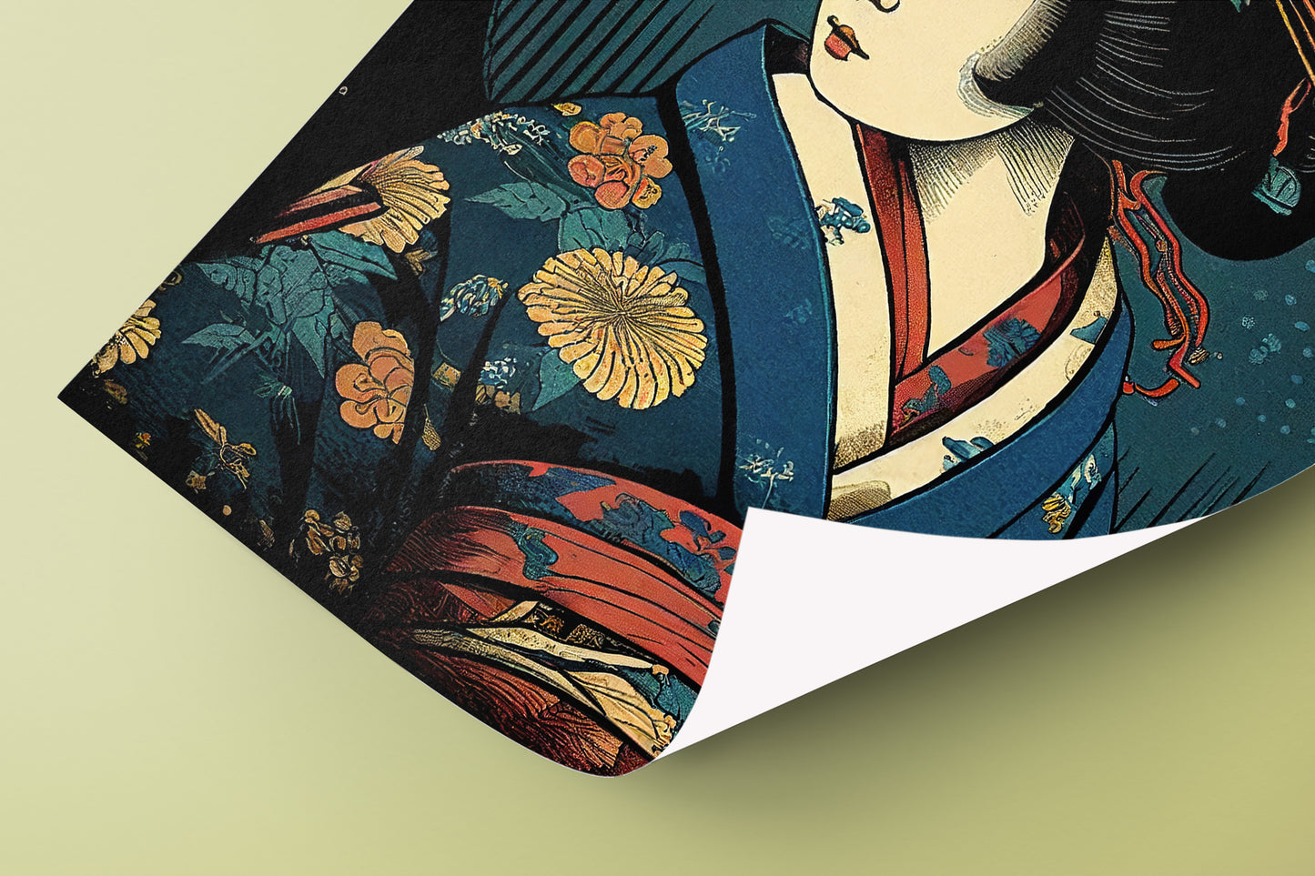 Poster Affiche Geisha au Kimono Bleu - Illustration Art Japonais, Décoration Murale Geiko Élégante