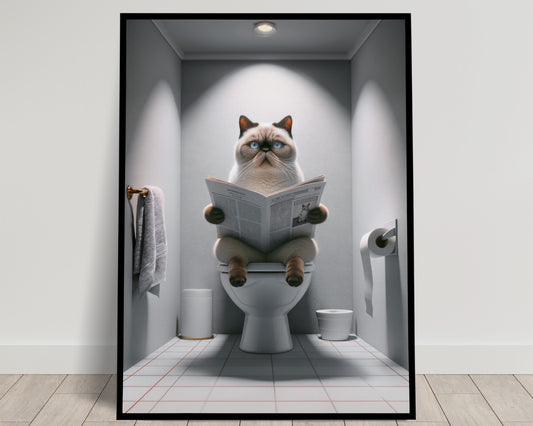 Affiche Murale Humour: Chat Exotic Shorthair Siamois lisant aux Toilettes, Déco WC & Salle de Bain, Cadeau Unique Chat