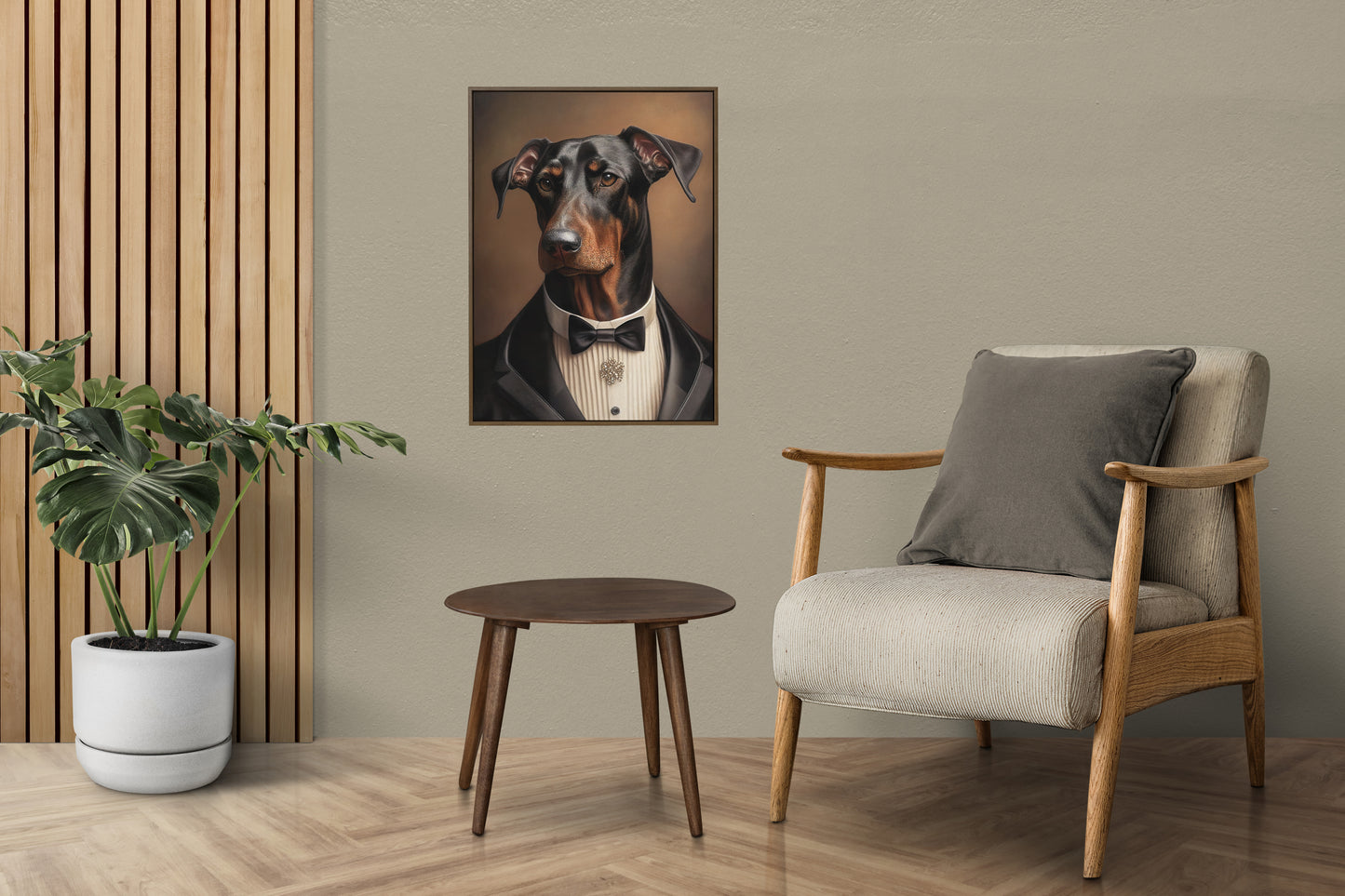 Chic Doberman Poster in Tuxedo | Humorous Dog Wall Art | Elegant Canine Decoration