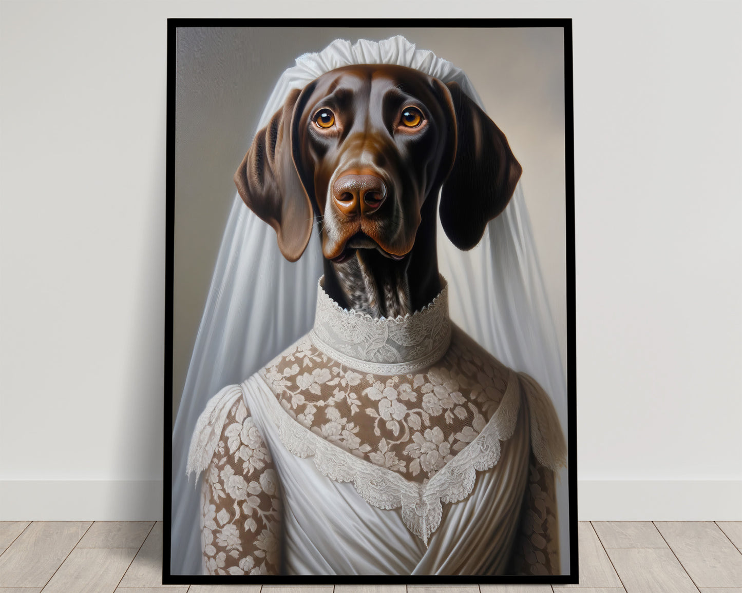 Affiche Poster Humour Braque Allemand en Robe de Mariée, Décoration Murale Animaux, Art Mural Chien Mariage