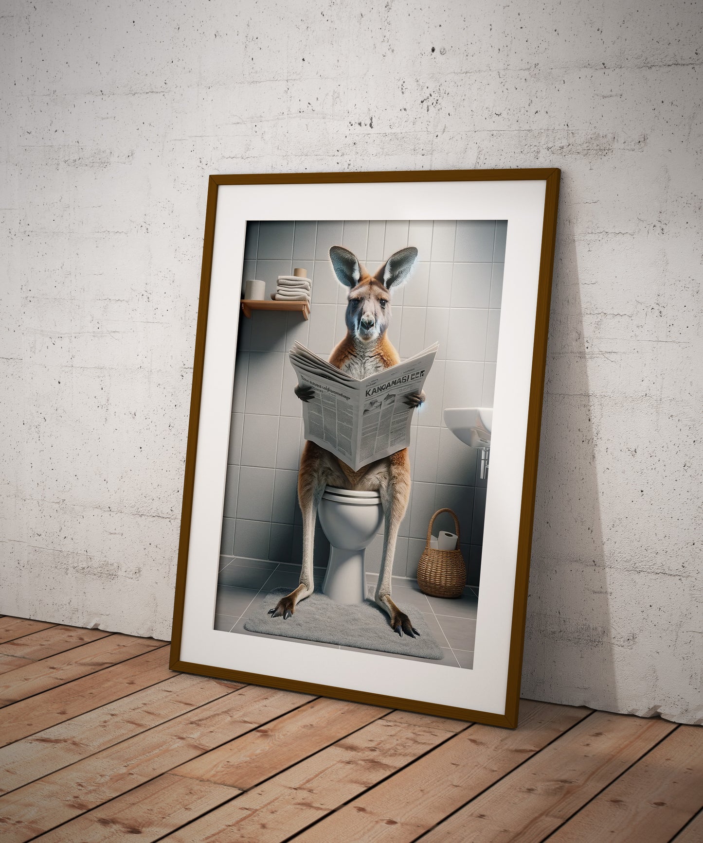 Funny Kangaroo Reading Newspaper Toilet Poster - Unique Bathroom Wall Art Decor - Hilarious WC Gift