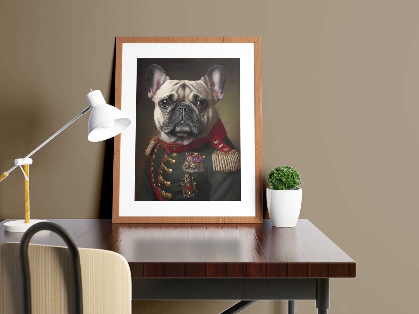 Poster mural : Portrait d'un Bulldog Français en Uniforme Militaire - Affiche murale chien, Décoration animale à encadrer