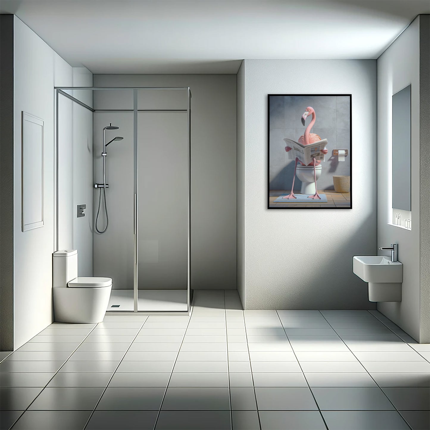 Poster Humour : Flamant Rose lisant le journal sur les toilettes, Décoration Salle de bain, Cadre WC, Cadeau Amusant