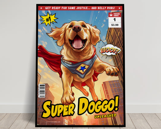 Golden Retriever Superhero Poster - Humorous Wall Art, Perfect Dog Lover Gift, Cartoon Comic Book Cover Print