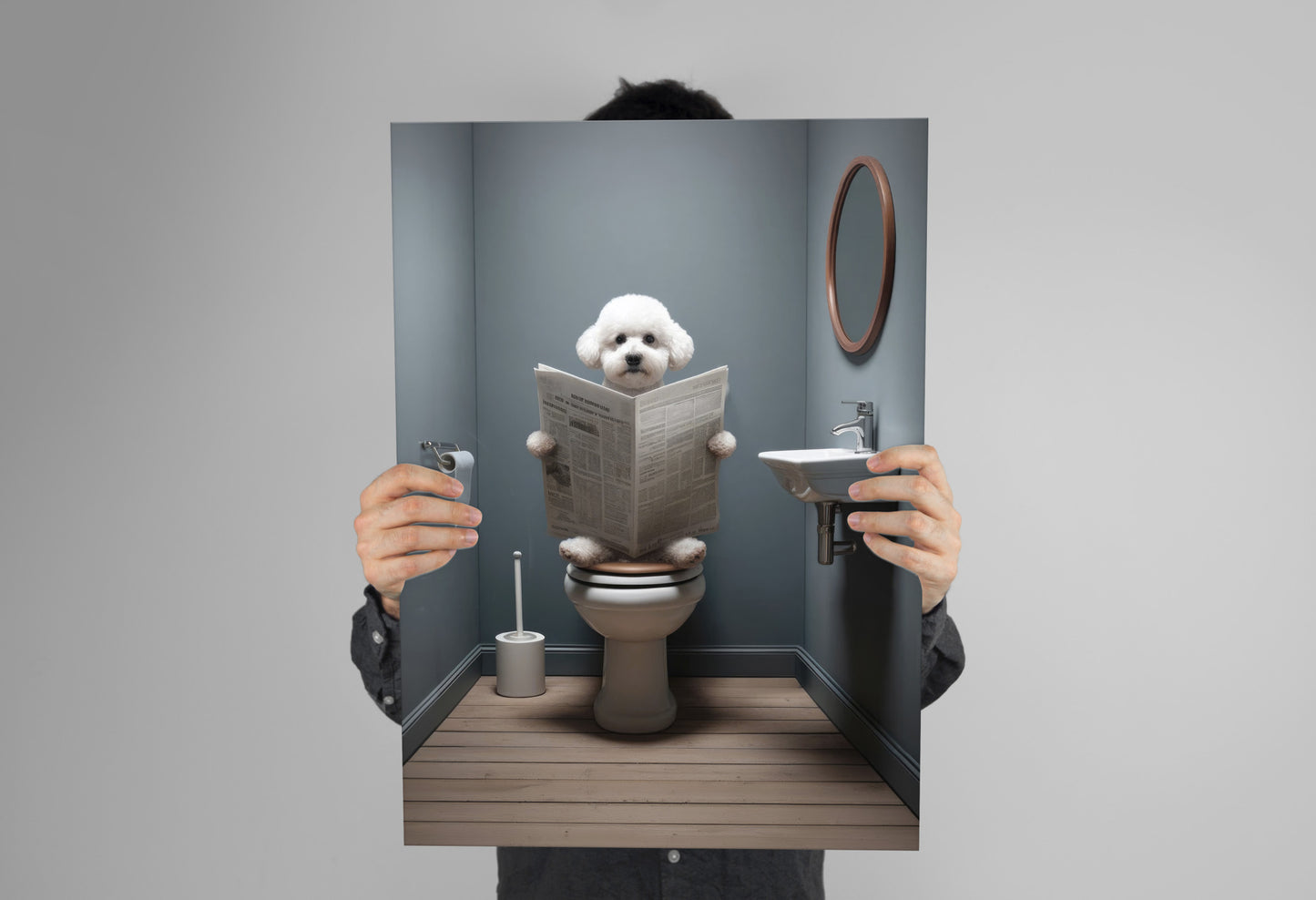 Poster Humoristique : Bichon Frisé lisant le journal, Déco Salle de Bain, Art Mural WC, Cadeau Amusant