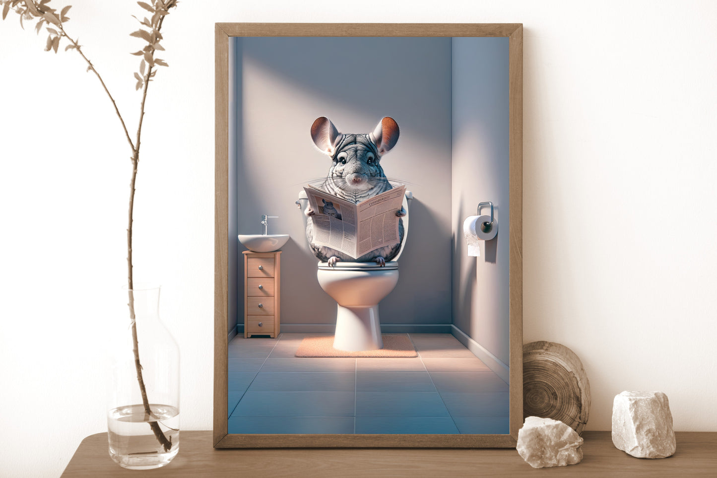 Poster Chinchilla lisant le journal aux toilettes, Décoration Humour WC, Salle de bain, Cadeau Fun, Art mural Toilettes