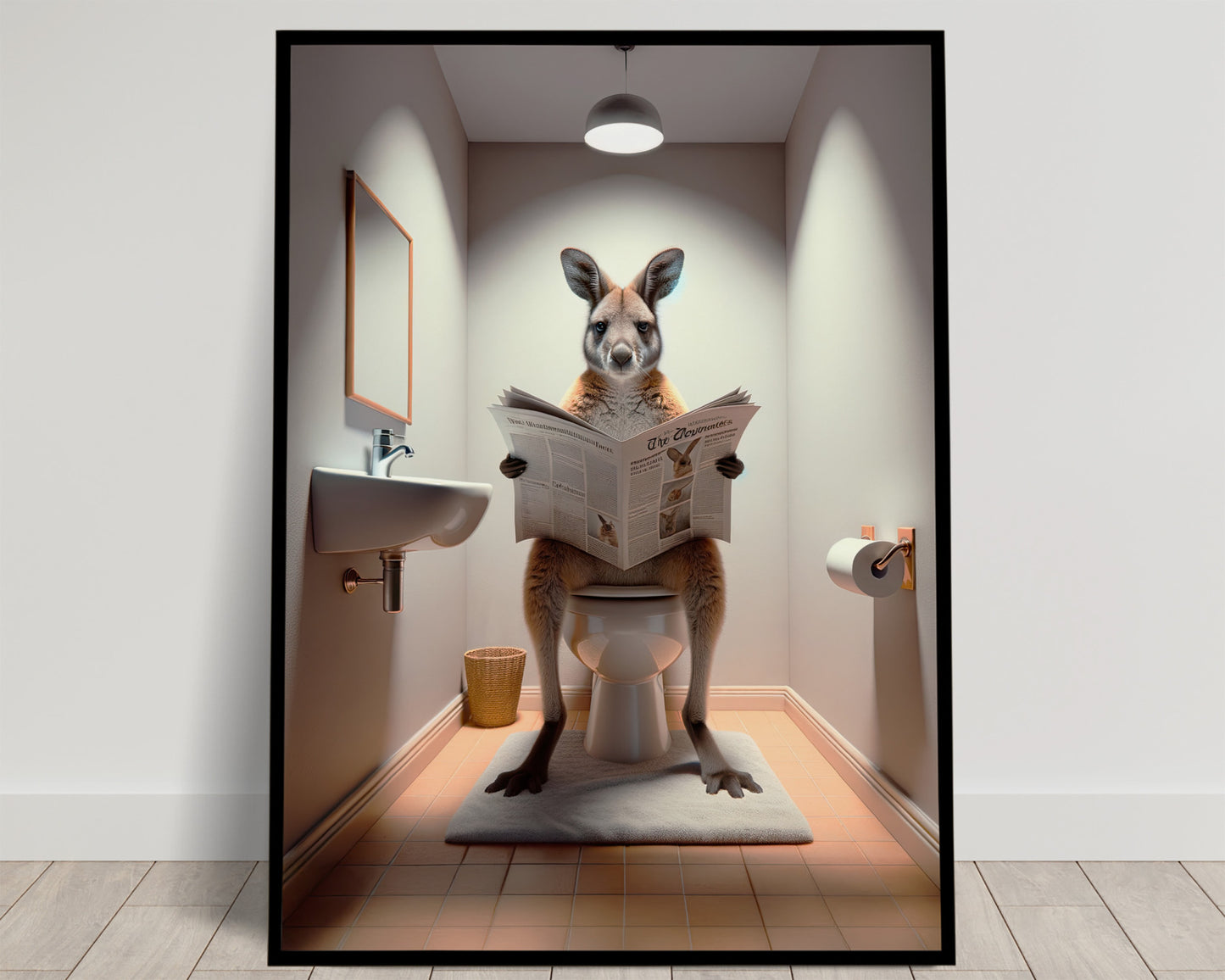 Poster Mur Humour WC : Wallaby Lisant le Journal, Décoration Salle de Bain, Cadre Amusant Toilettes, Idée Cadeau Originale