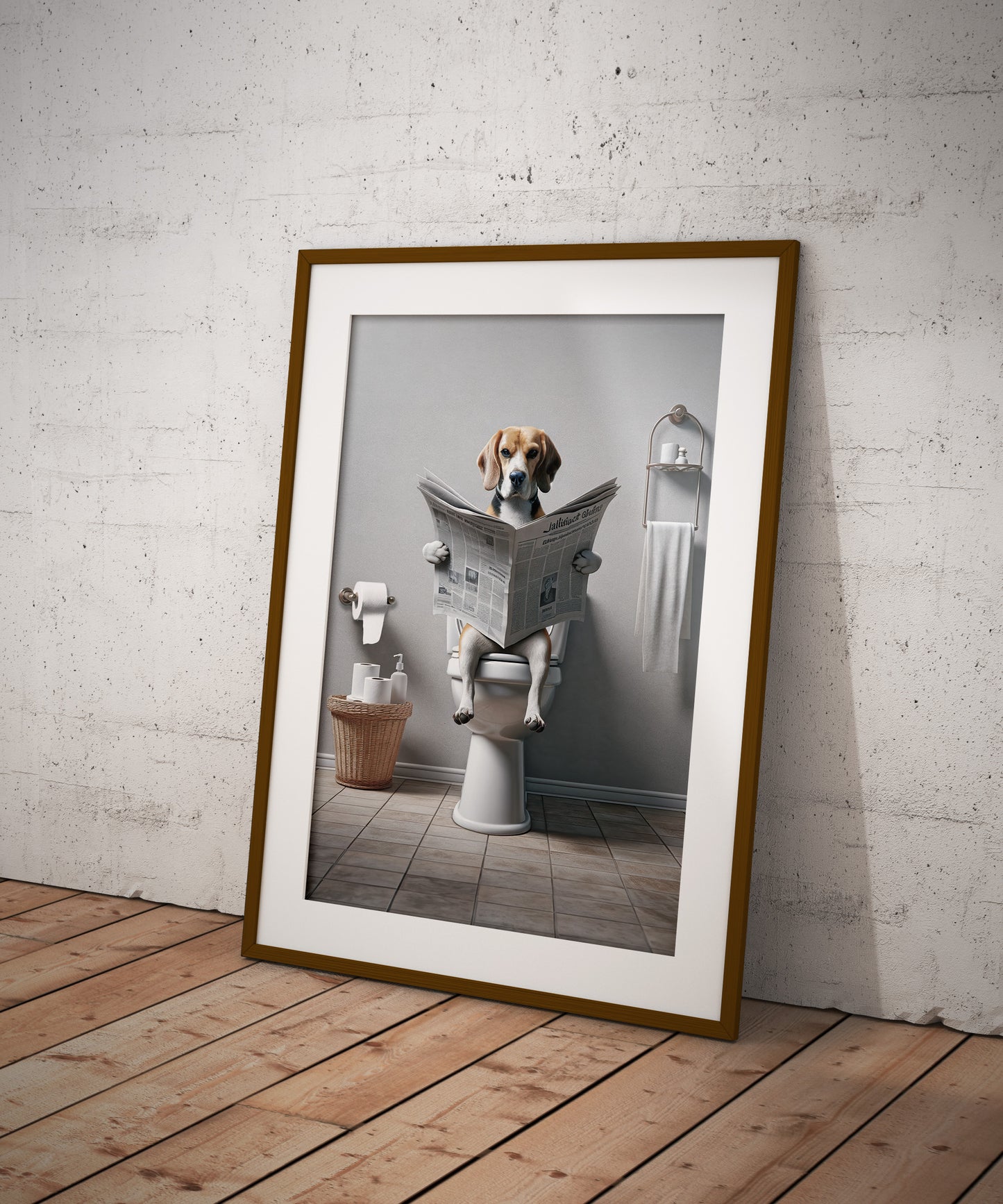 Beagle Reading Newspaper Bathroom Poster - Funny Bathroom Wall Art - Unique WC Toilet Decor - Humorous Gift