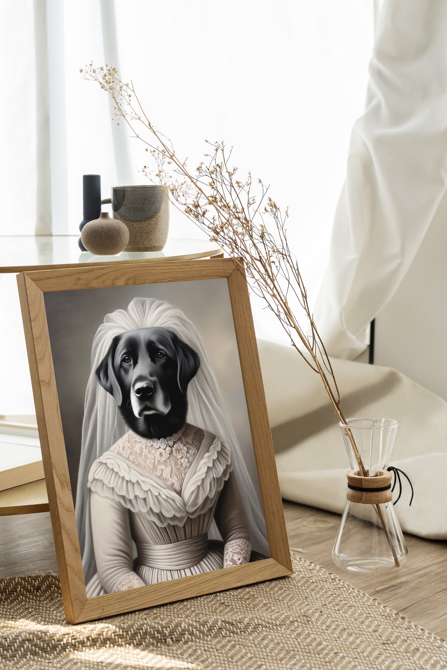 Poster Chien Mariage - Labrador Noire en Robe de Mariée, Affiche Murale Animaux, Décoration Murale Humoristique