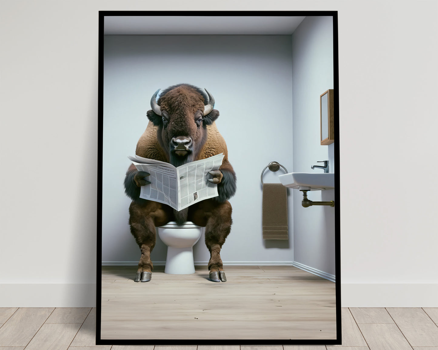 Funny Bison Reading Newspaper on Toilet Poster - Unique Bathroom Wall Art, WC Decor, Humorous Gift