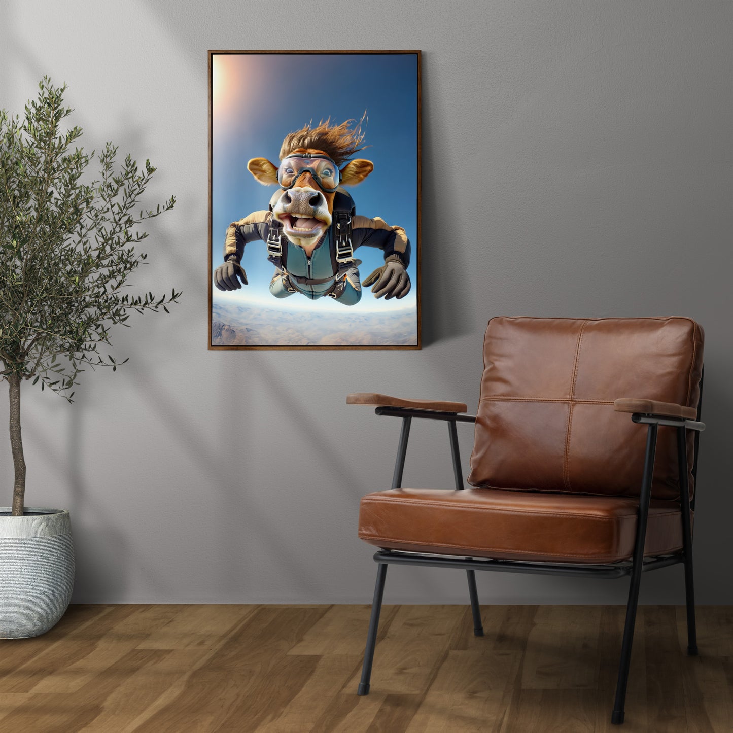 Epic Skydiving Cow Poster - Animal Print, Extreme Sport Wall Art, Unique Decor for Animal Lovers