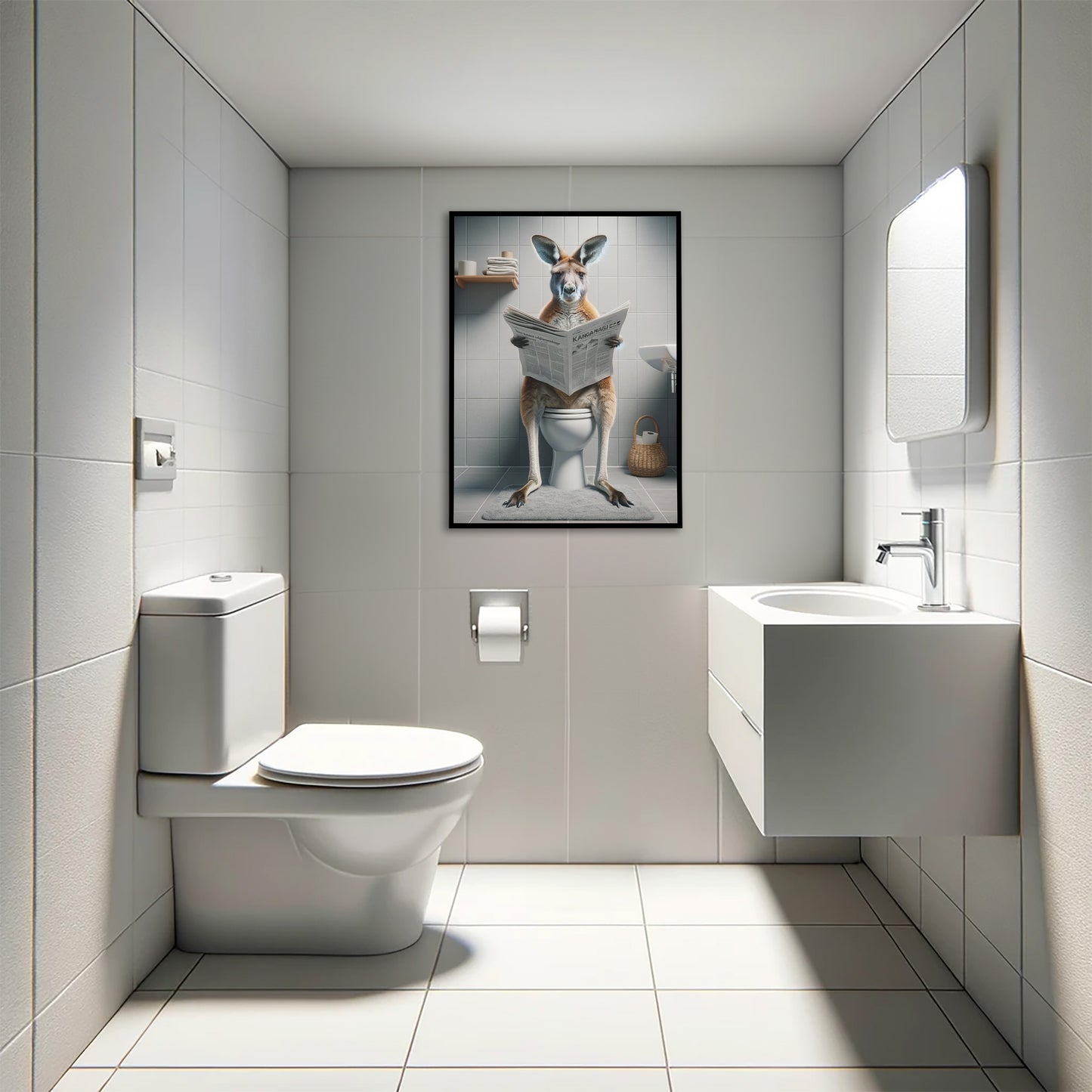 Funny Kangaroo Reading Newspaper Toilet Poster - Unique Bathroom Wall Art Decor - Hilarious WC Gift