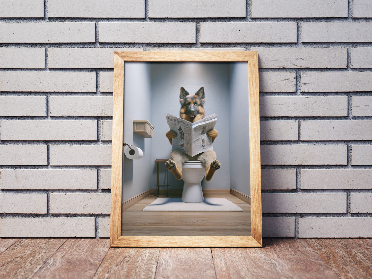 German Shepherd Reading Newspaper Bathroom Poster – Fun Bathroom Decor Wall Art – Gag Gift Toilet WC Poster