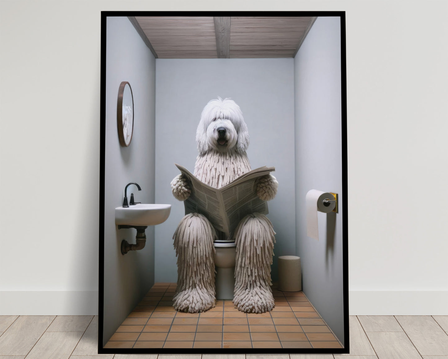 "Komondor Dog Reading Newspaper Poster - Funny Bathroom Decor Wall Art | Humorous WC Toilet Gag Gift"