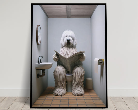 Poster Chien Komondor lisant le journal, Déco Humoristique WC, Cadre Salle de Bain, Cadeau Fun