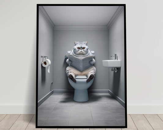 Affiche Murale Humour: Chat Gris Exotic Shorthair sur Toilettes - Déco WC Salle de Bain, Cadeau Original