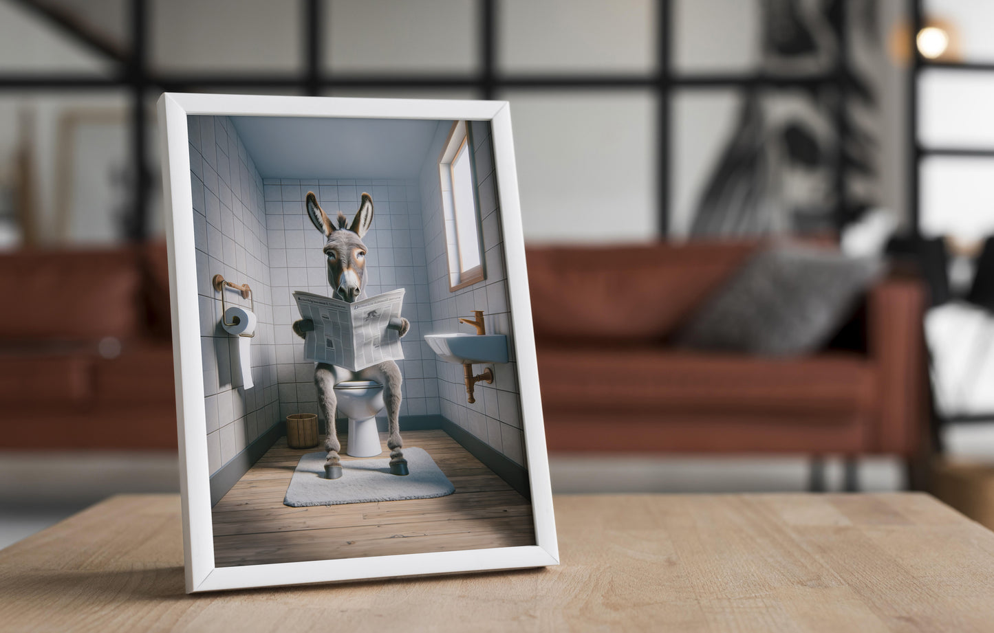 Funny Donkey Reading Newspaper Poster - Unique Bathroom Decor, WC Wall Art, Perfect Funny Gift