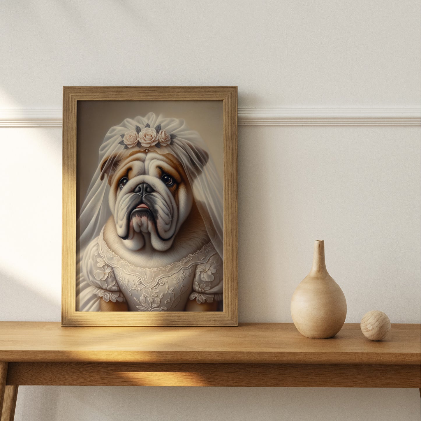 "English Bulldog Portrait in Wedding Dress - Funny Animal Wall Art Poster - Unique Dog-Themed Home Decor Gift"