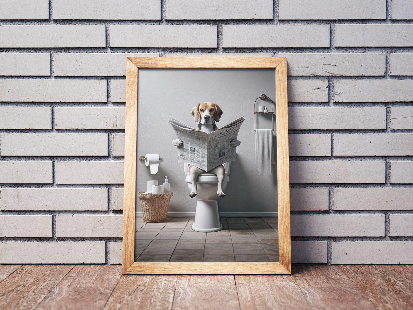 Beagle Reading Newspaper Bathroom Poster - Funny Bathroom Wall Art - Unique WC Toilet Decor - Humorous Gift