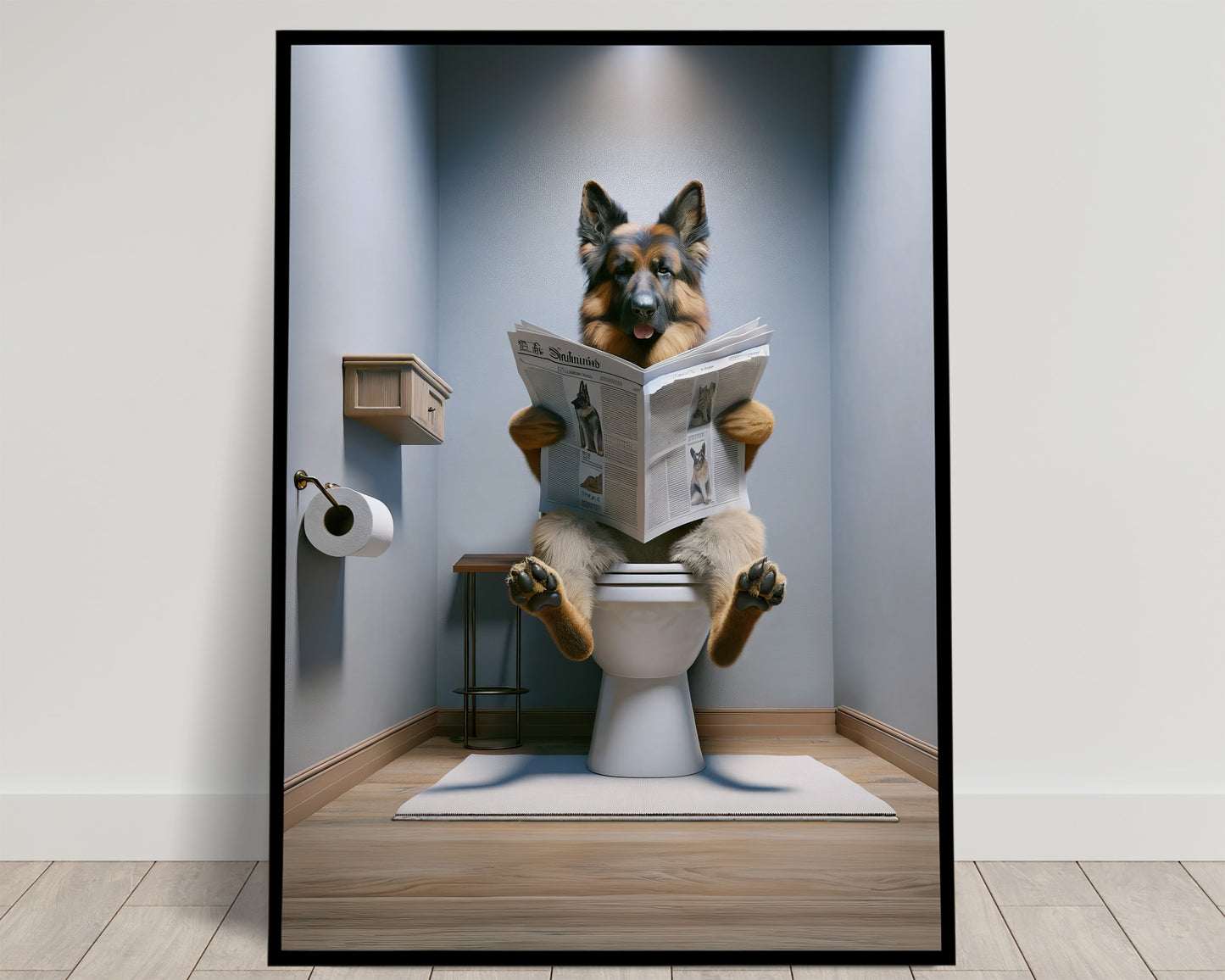 German Shepherd Reading Newspaper Bathroom Poster – Fun Bathroom Decor Wall Art – Gag Gift Toilet WC Poster