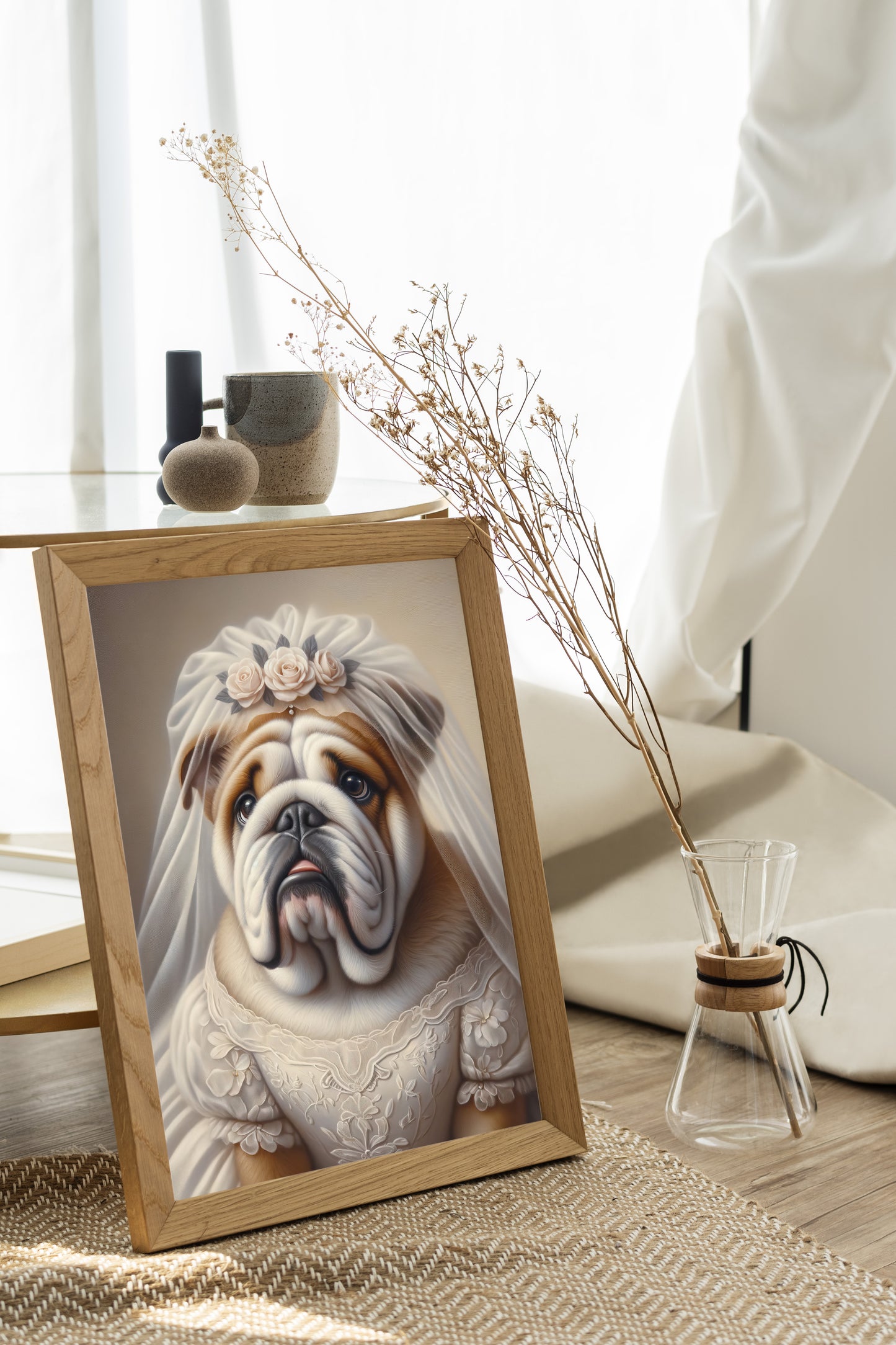 "English Bulldog Portrait in Wedding Dress - Funny Animal Wall Art Poster - Unique Dog-Themed Home Decor Gift"