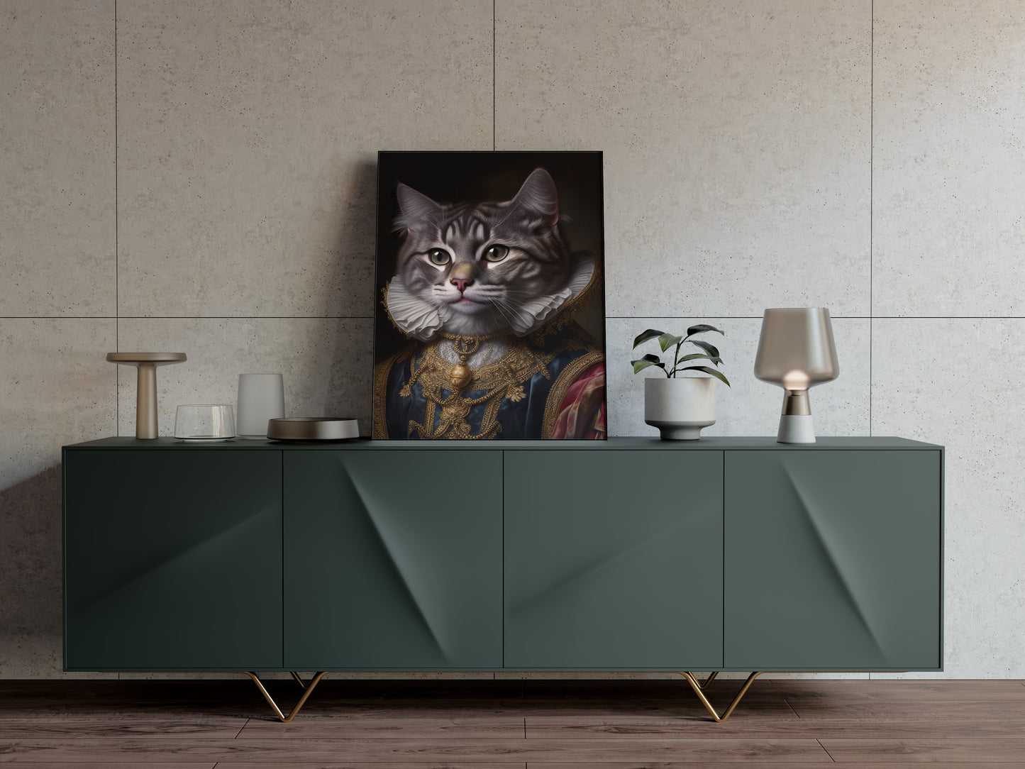 Poster à encadrer : Chat gris noble style baroque, Décoration murale féline, Affiche artistique d'animaux