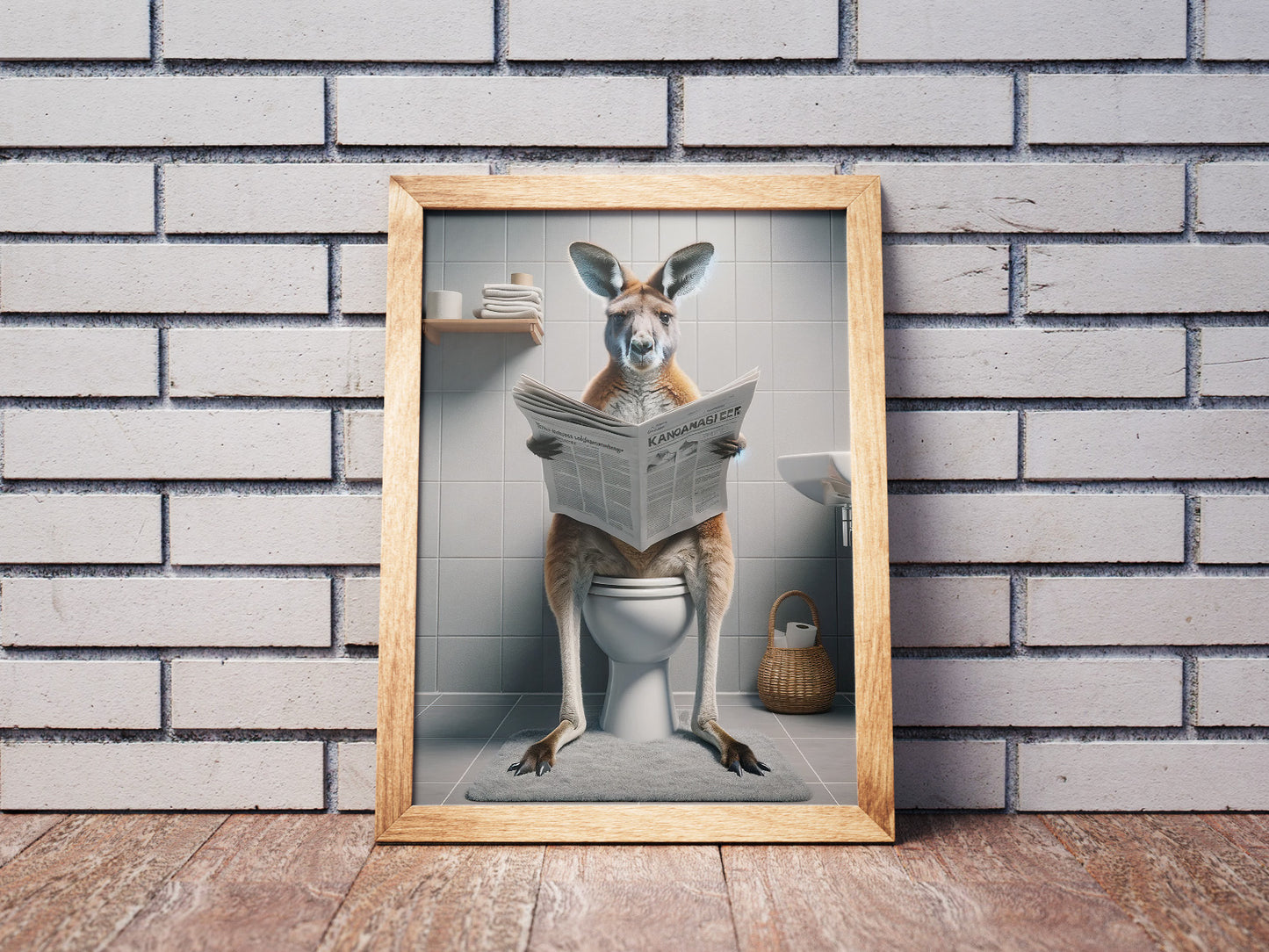 Funny Kangaroo Reading Newspaper Toilet Poster - Unique Bathroom Wall Art Decor - Hilarious WC Gift