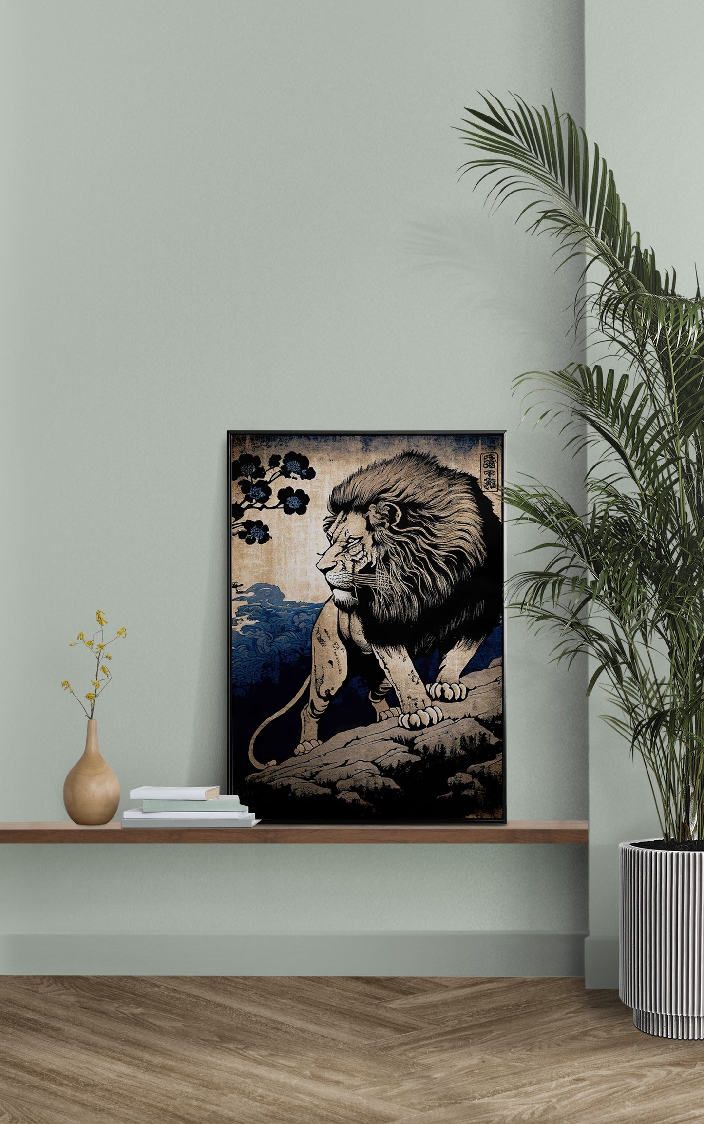 Affiche Lion Japonaise - Poster Style Ukiyo-e, Art Mural Illustration, Décoration Murale Japonaise